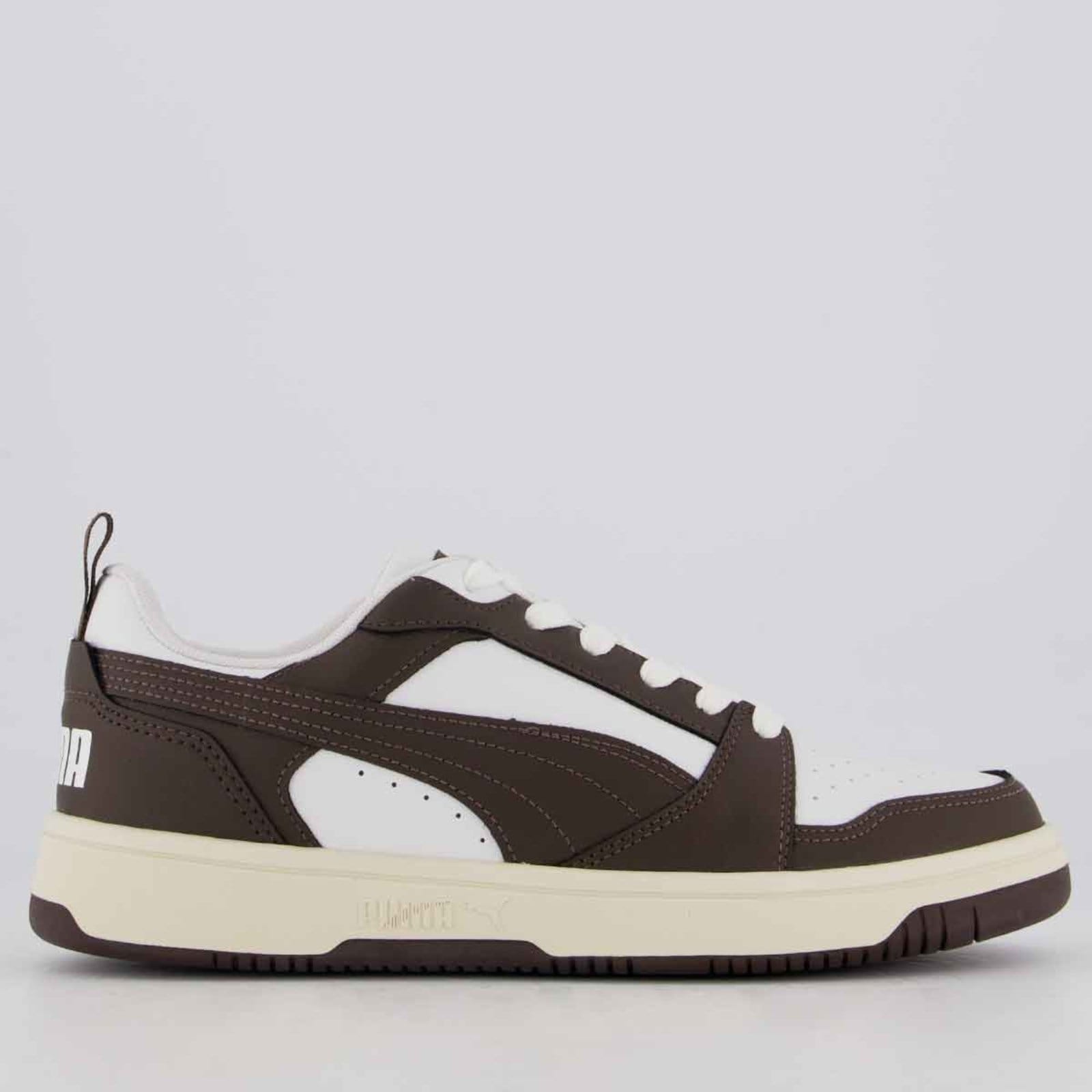 Vista principal Tênis Puma Rebound V6 Low e Marrom Puma branco