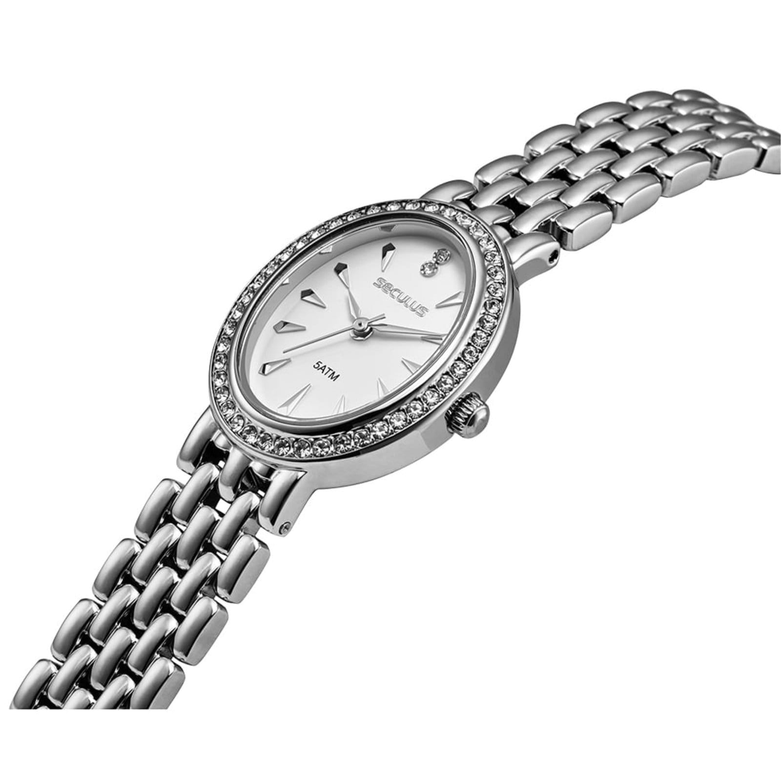 Vista 2 Relógio Feminino Seculus Aço Oval com Cristais Seculus prata