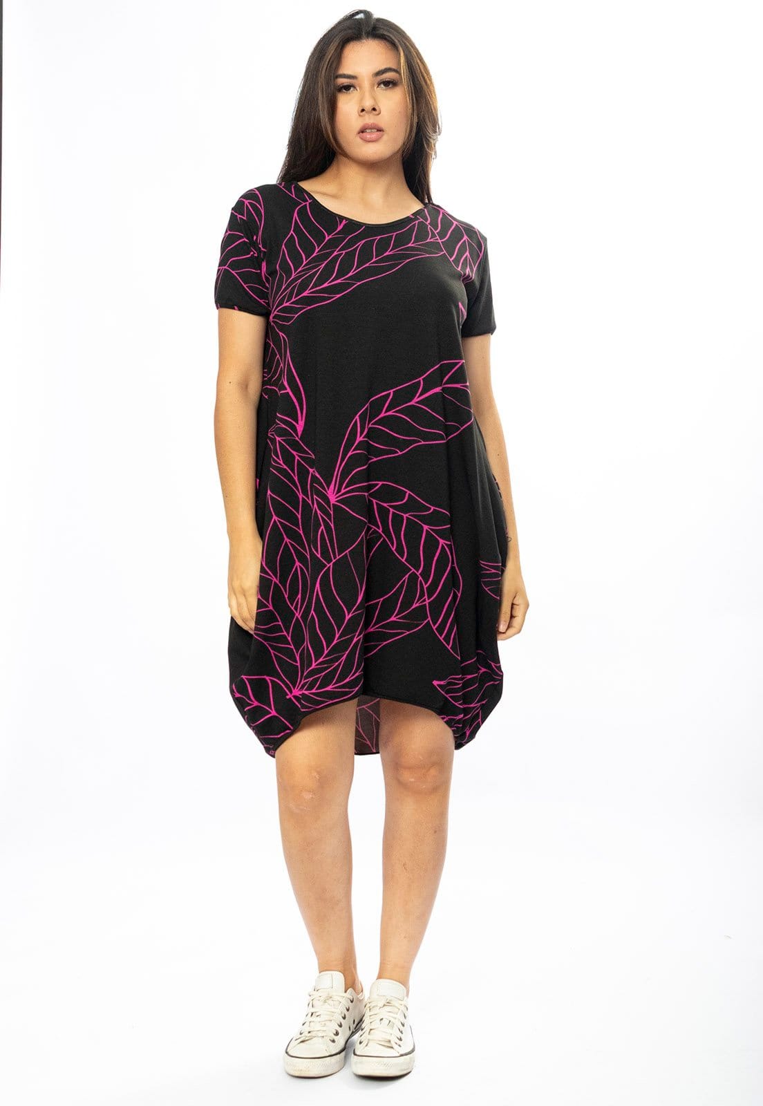 Vista 2 Vestido Curto Cabanafree Malha Amplo Always Estampa Antúrios Lilás Cabanafree estampado/pink/rosa