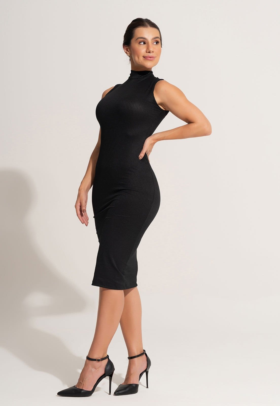 Vista 2 Vestido MVB Modas Canelado Midi Camiseta Gola Alta Mvb Modas preto