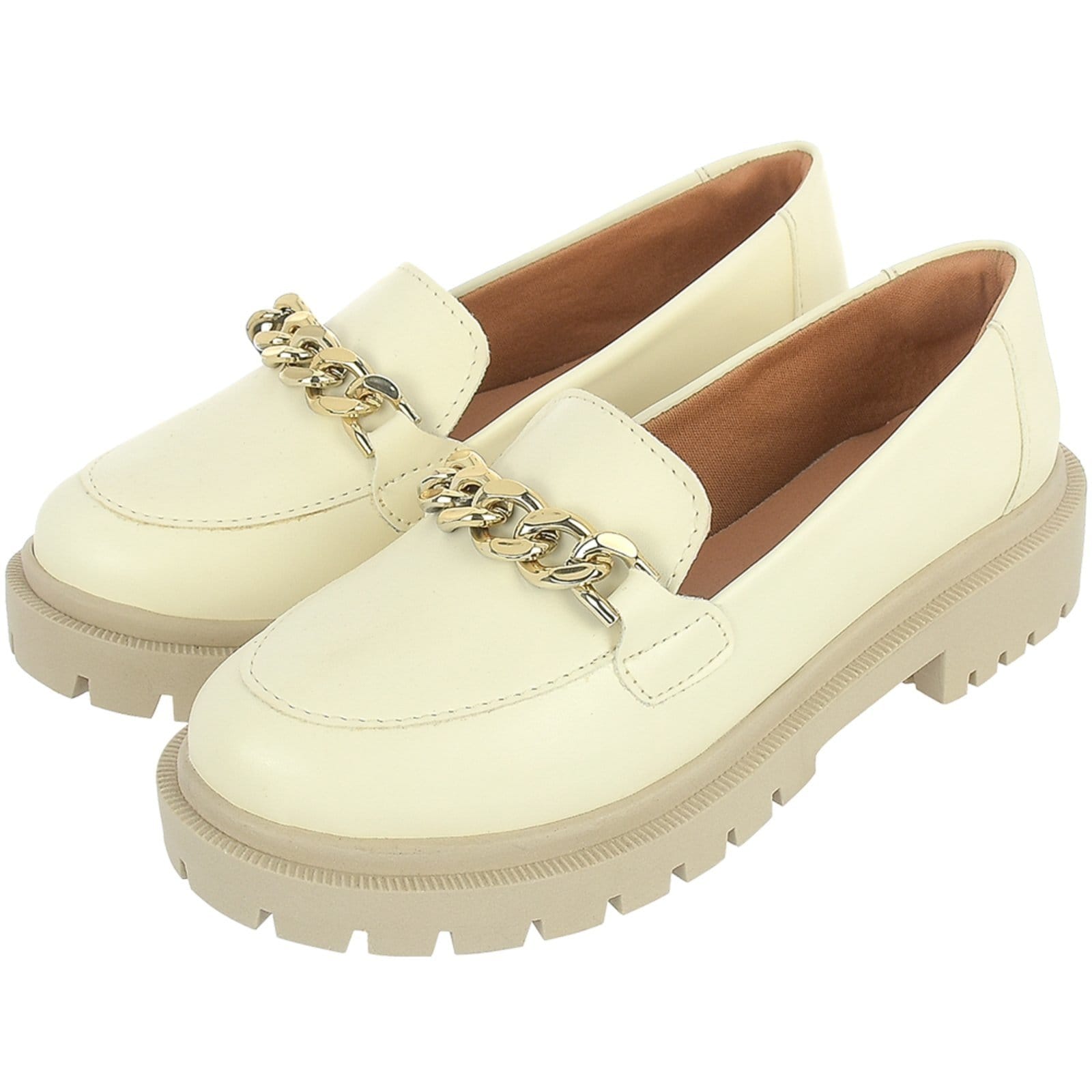 Sapato Feminino Mocassim Tratorado CM Calçados Bico Redondo Confort Off White com corrente