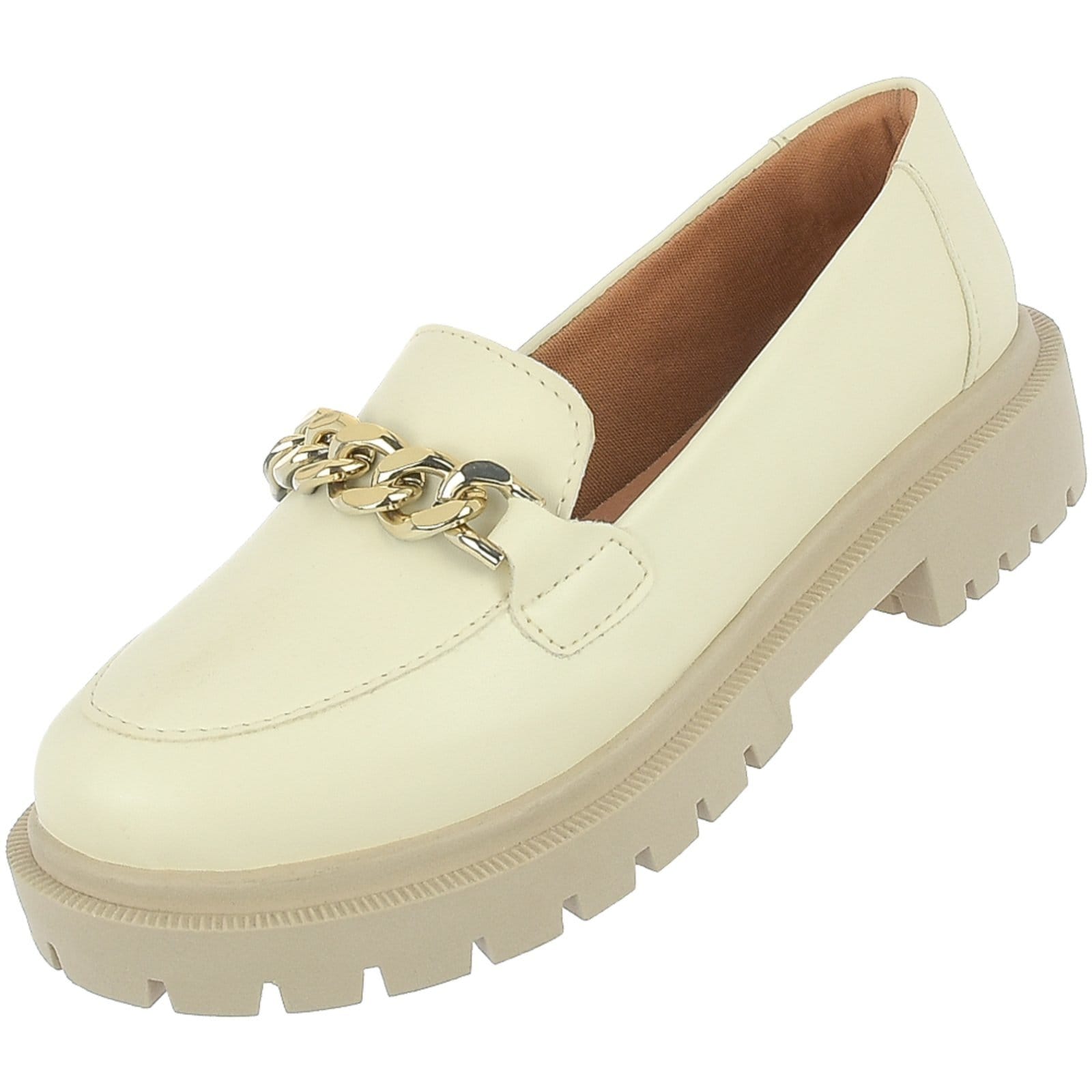 Vista 2 Sapato Feminino Mocassim Tratorado CM Calçados Bico Redondo Confort Off White com corrente Monte Shoes off-white white