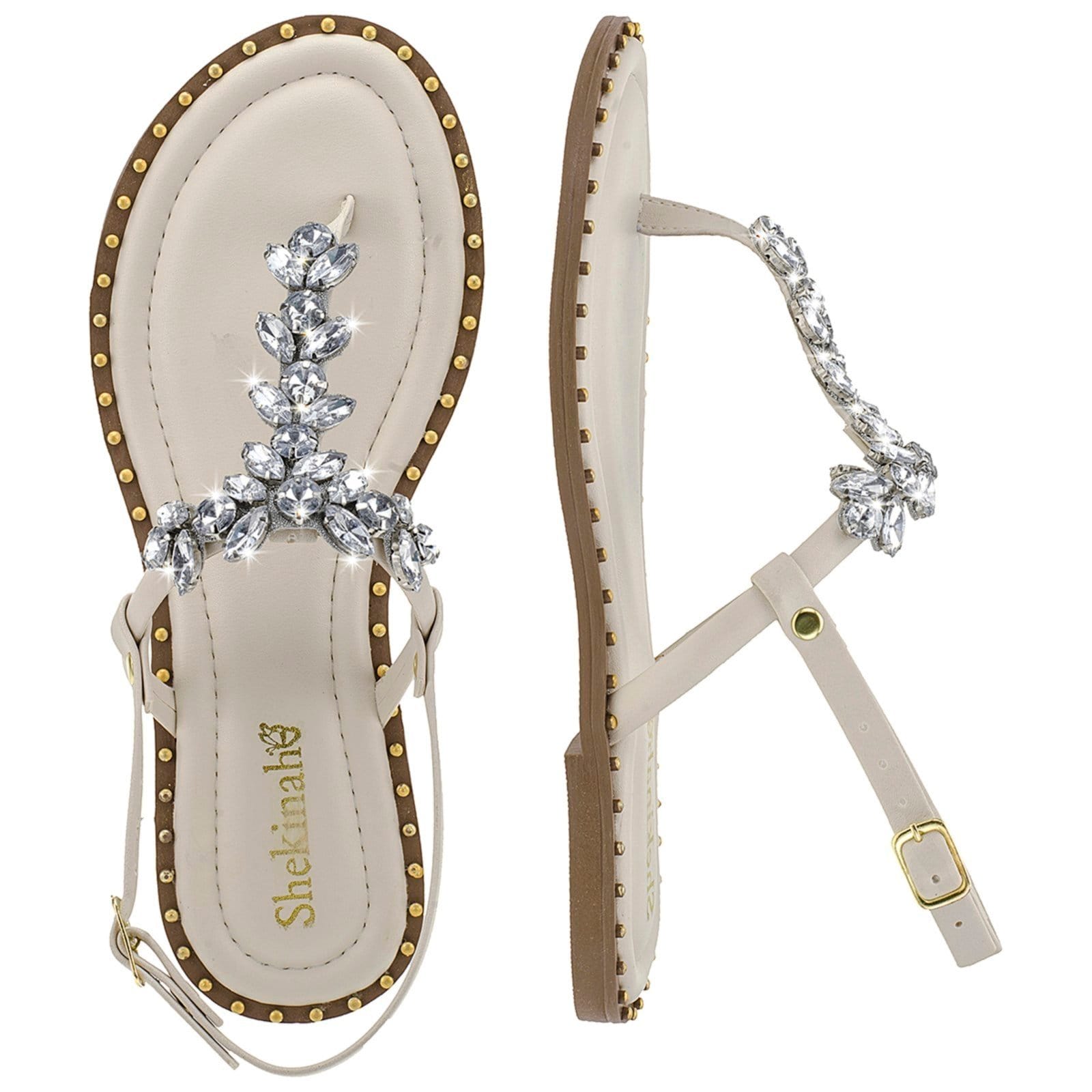 Rasteirinha Feminina Rasteira Shekinah Brilhante Brilho Sola Tachas Confortável Moda Off White