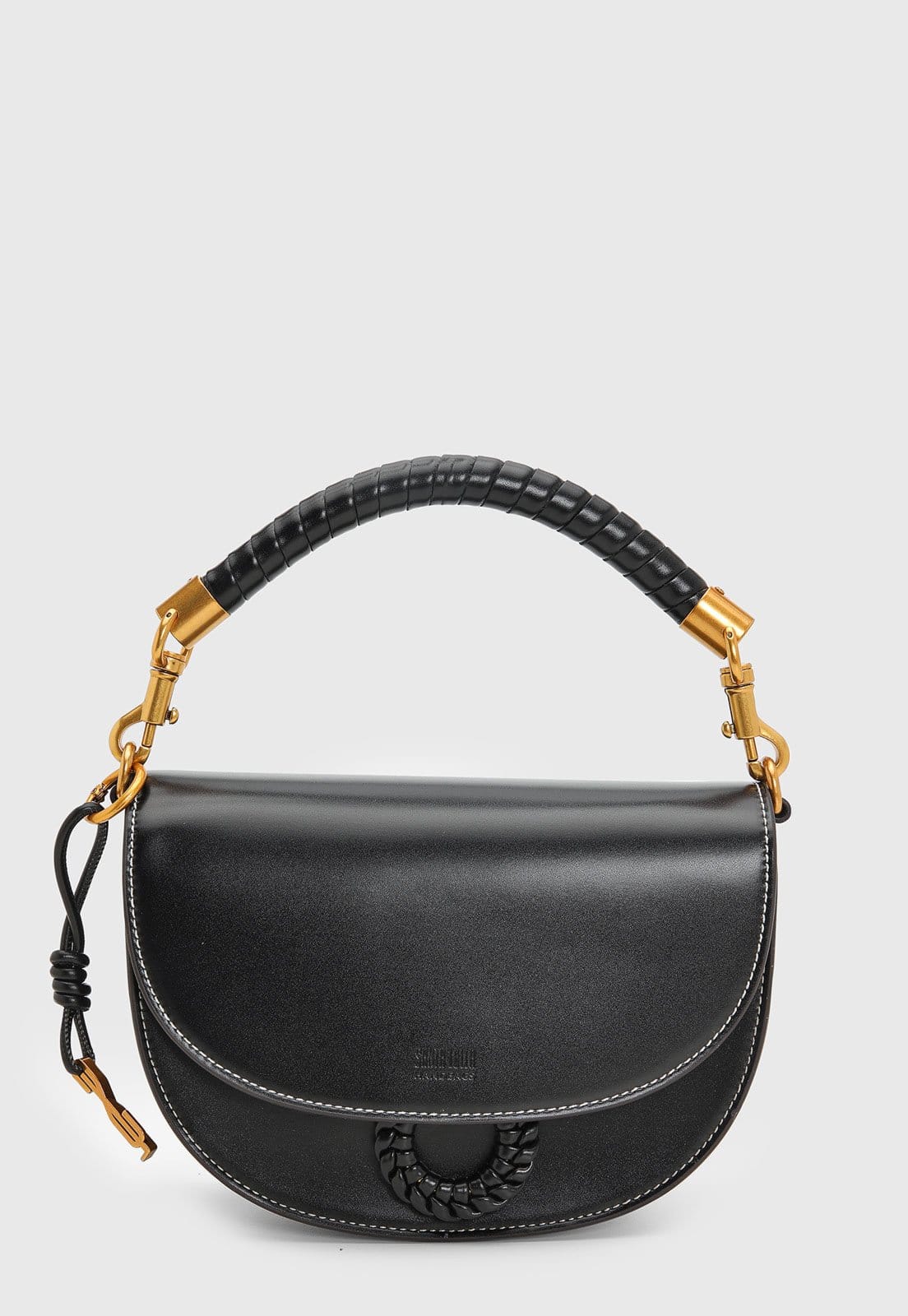 Vista principal Bolsa Média Santa Lolla Preta Estruturada Alça Trançada Metais Dourados Santa Lolla preto