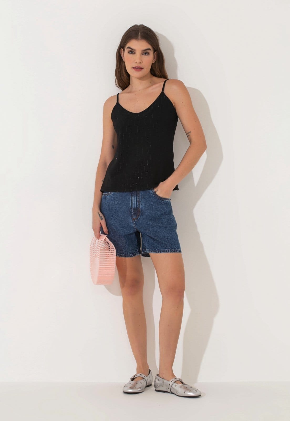 Vista 2 Shorts Jeans Traymon Cintura Alta Traymon azul