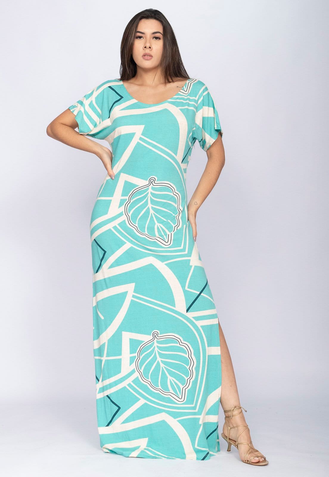 Vestido CabanaFree Longo Malha Fenda na Lateral Estampa Aqua Flora