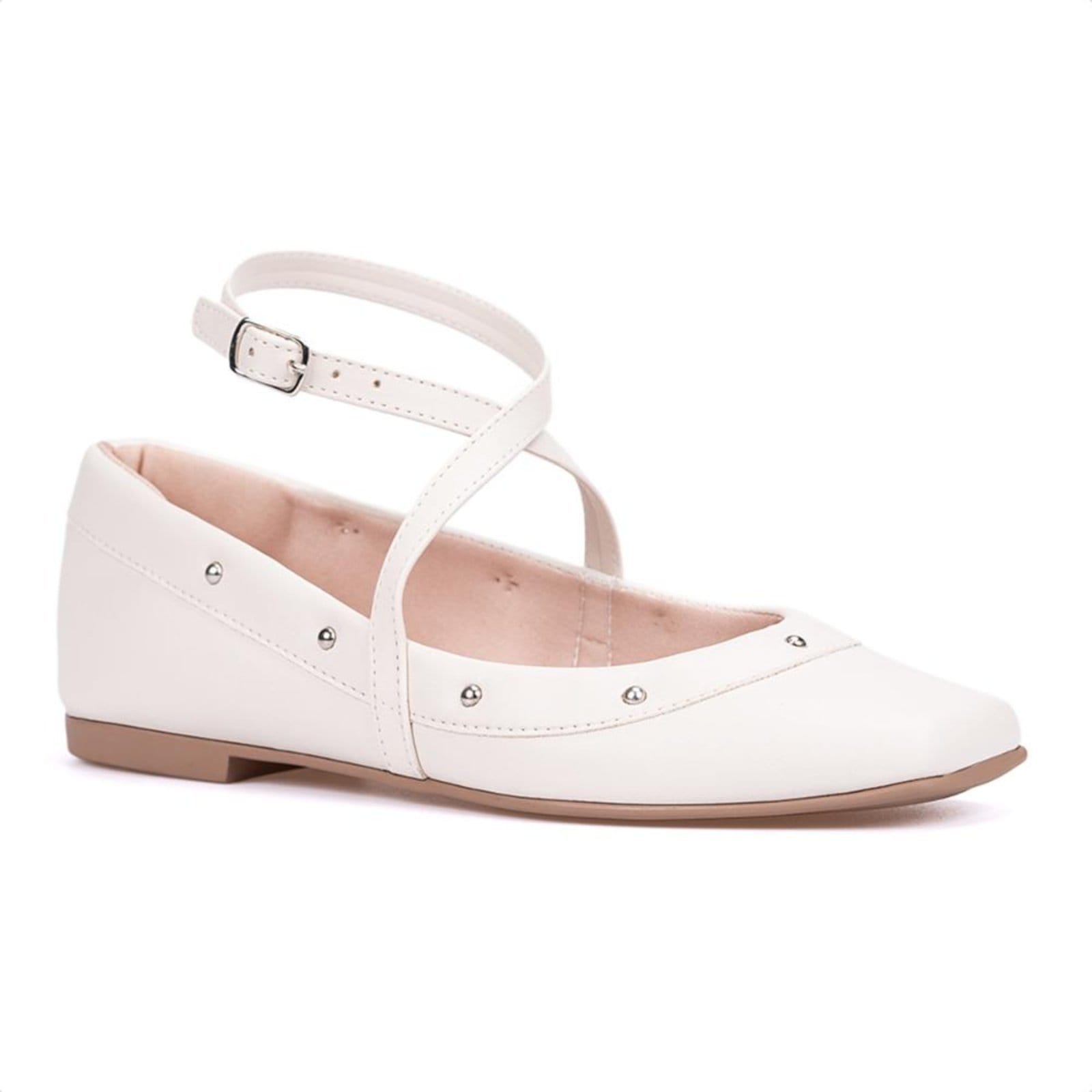 Sapatilha Feminina Off White Tiras Cruzadas Tachas Metálicas