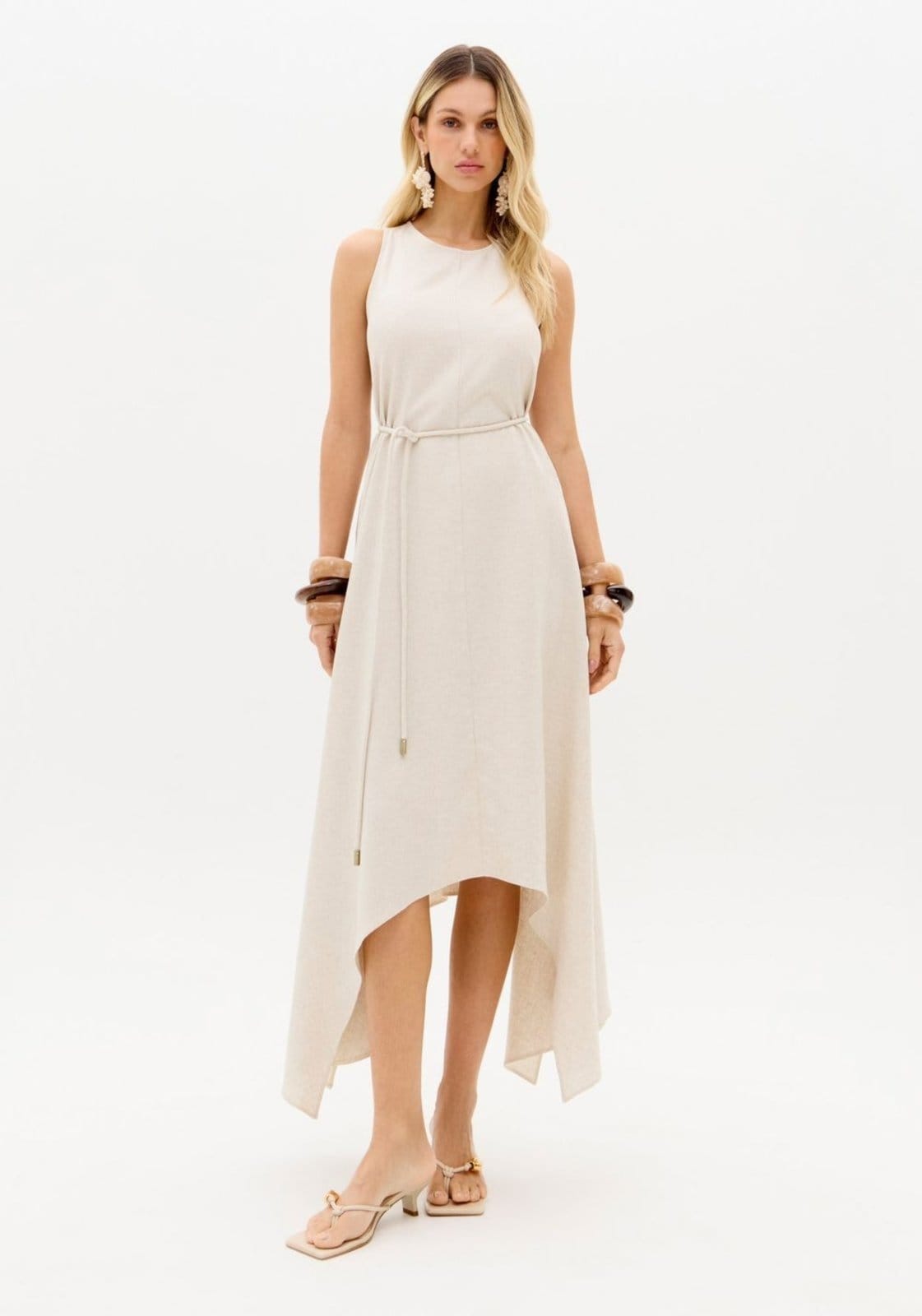 Vestido Super Midi Assimétrico Com Linho