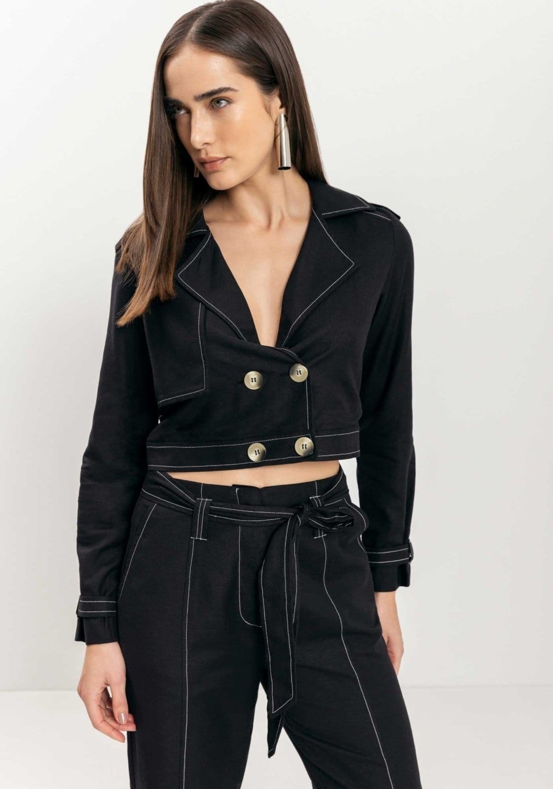 Vista 2 Jaqueta Cropped Com Botões E Pespontos Contrastantes Lez a Lez preto