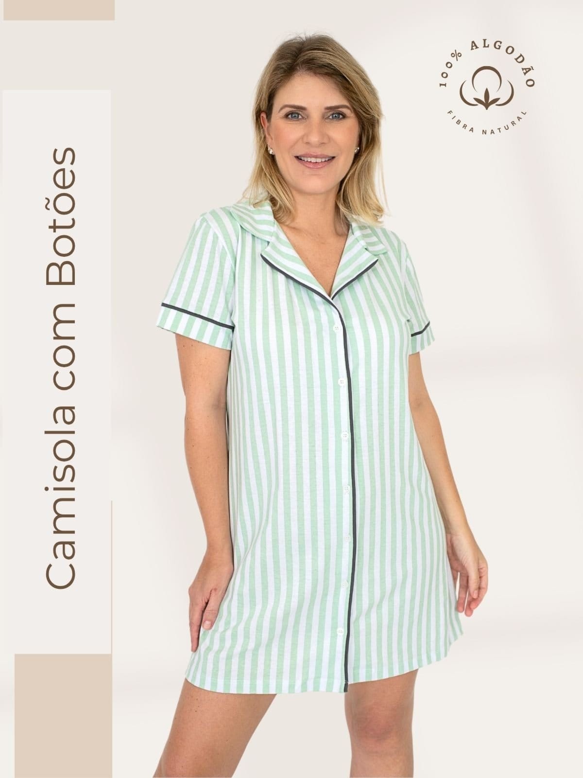 Vista 2 Camisola Algodão Piante Americana Manga Curta Listrado Piante verde