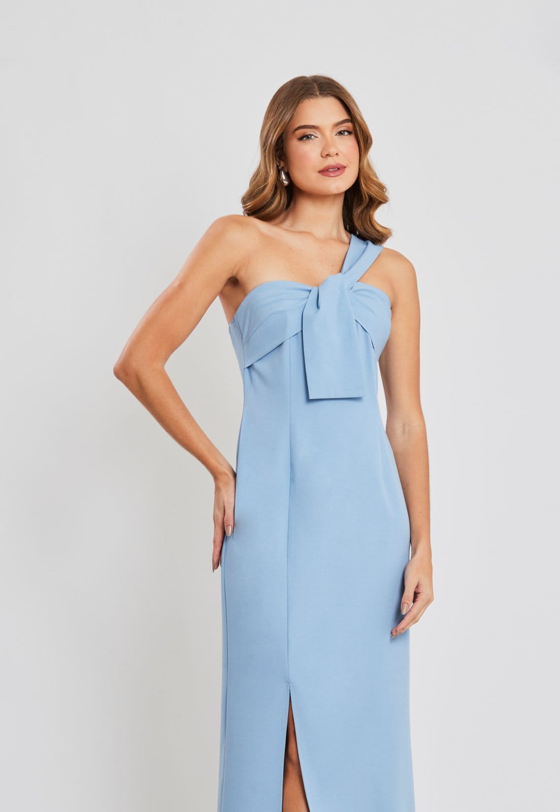 Vista 2 Vestido Festa Crepe Longo Fenda Miss Joy 7833 Feminino MISS BY JOY azul