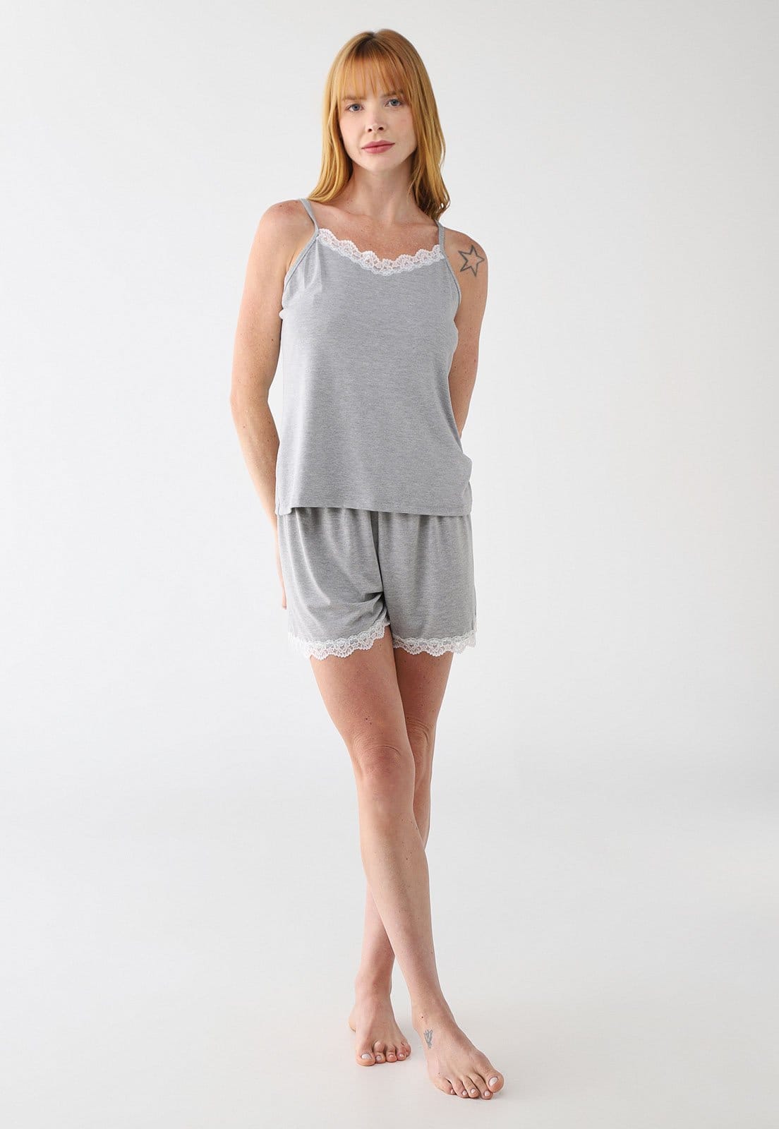 Vista 2 Pijama Curto Feminino Malwee Renda Mescla Malwee cinza