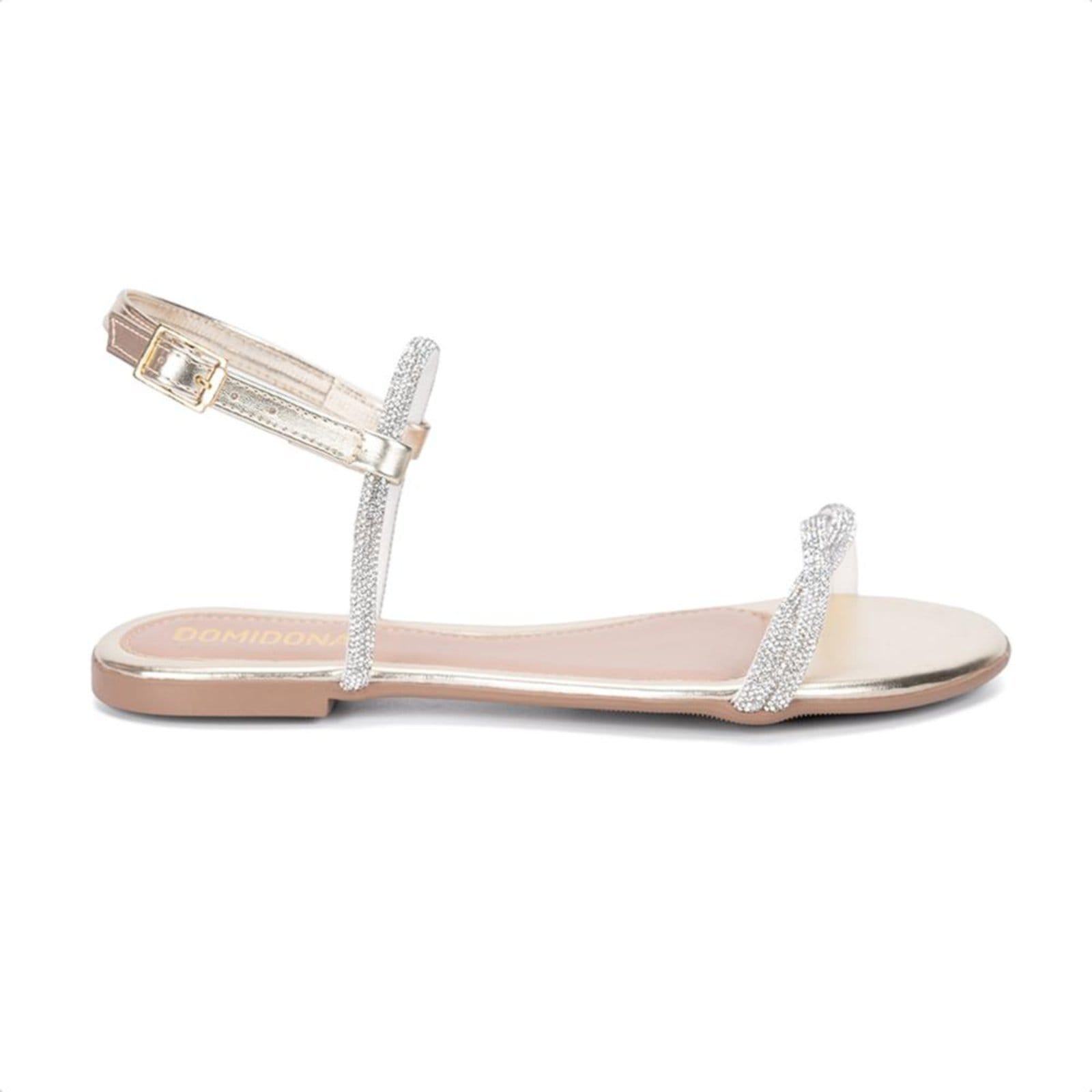 Vista 2 Sandália Rasteira Feminina Dourada Tiras Cruzadas De Strass Domidona dourado