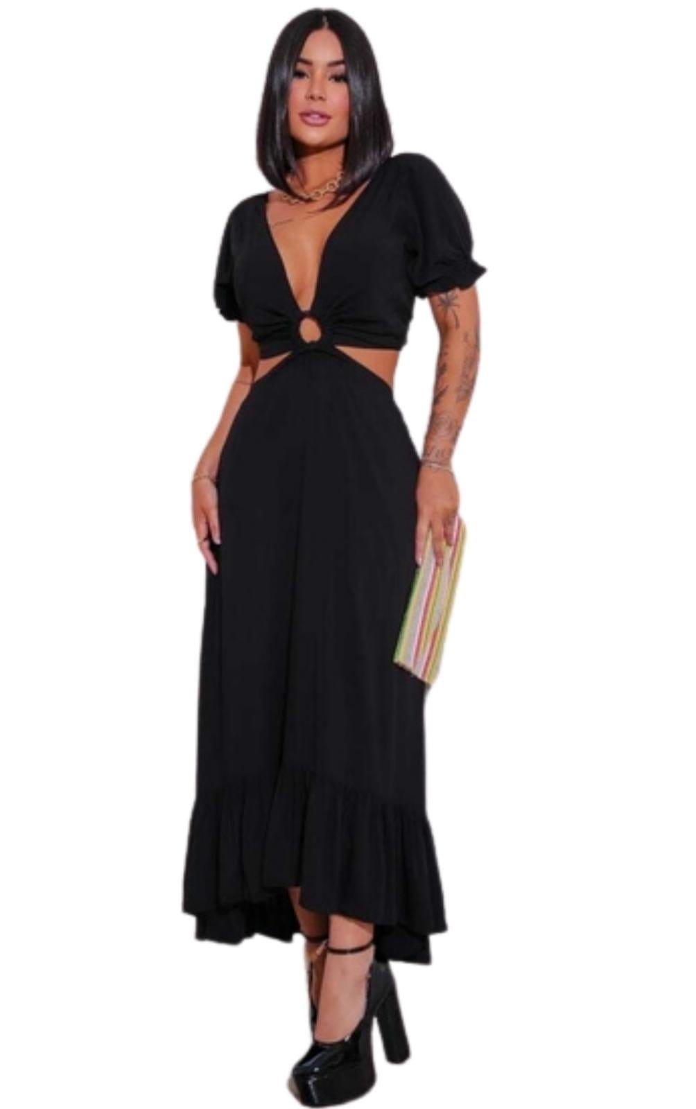 Vestido Midi Tais Viscose Abertura Argola