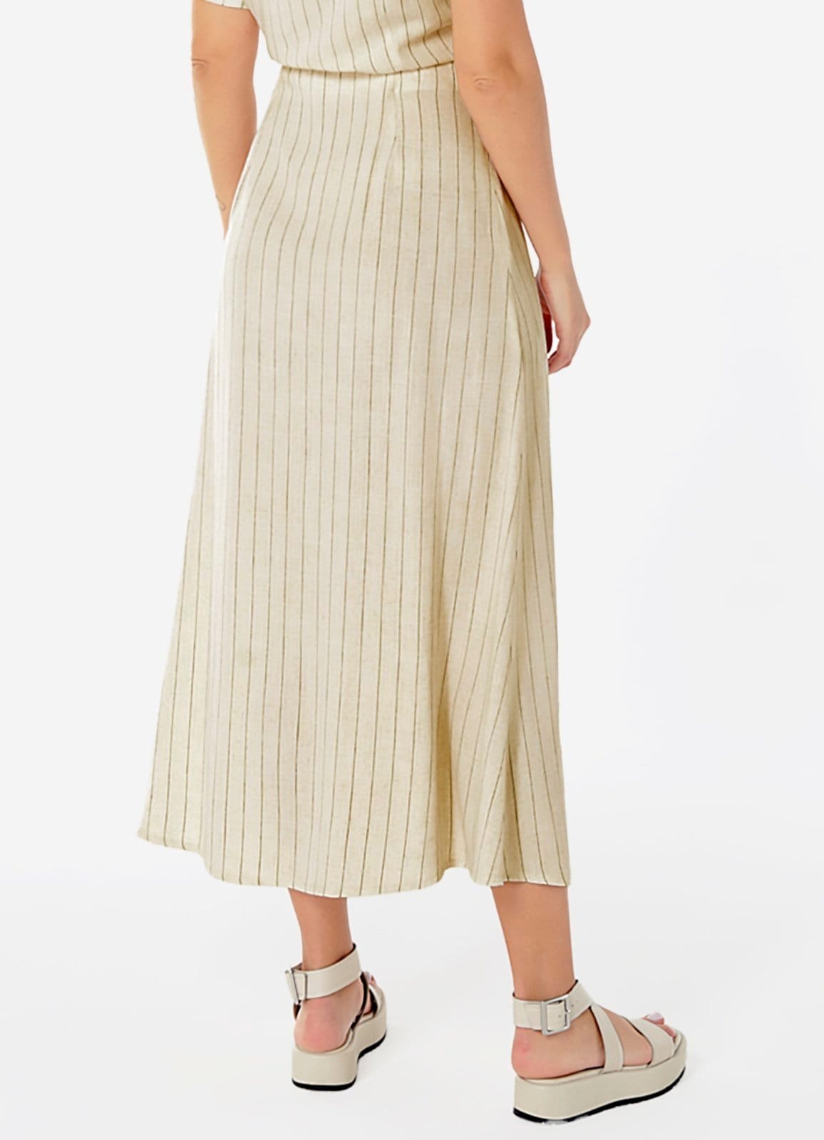 Vista 2 Saia Sob Longa de Linho Risca de Giz com Fenda SOB bege