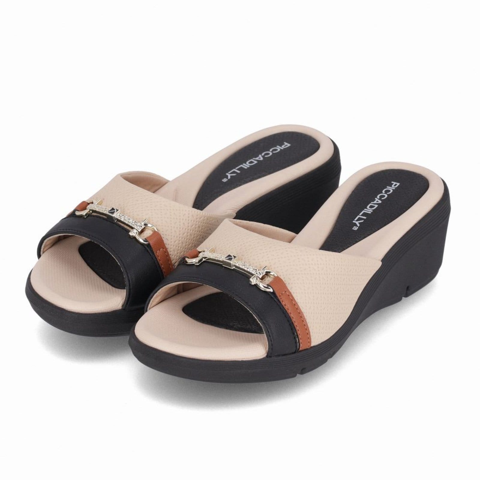 Vista 2 Tamanco Cecilia Anabela Médio Brule com Preto Piccadilly bege