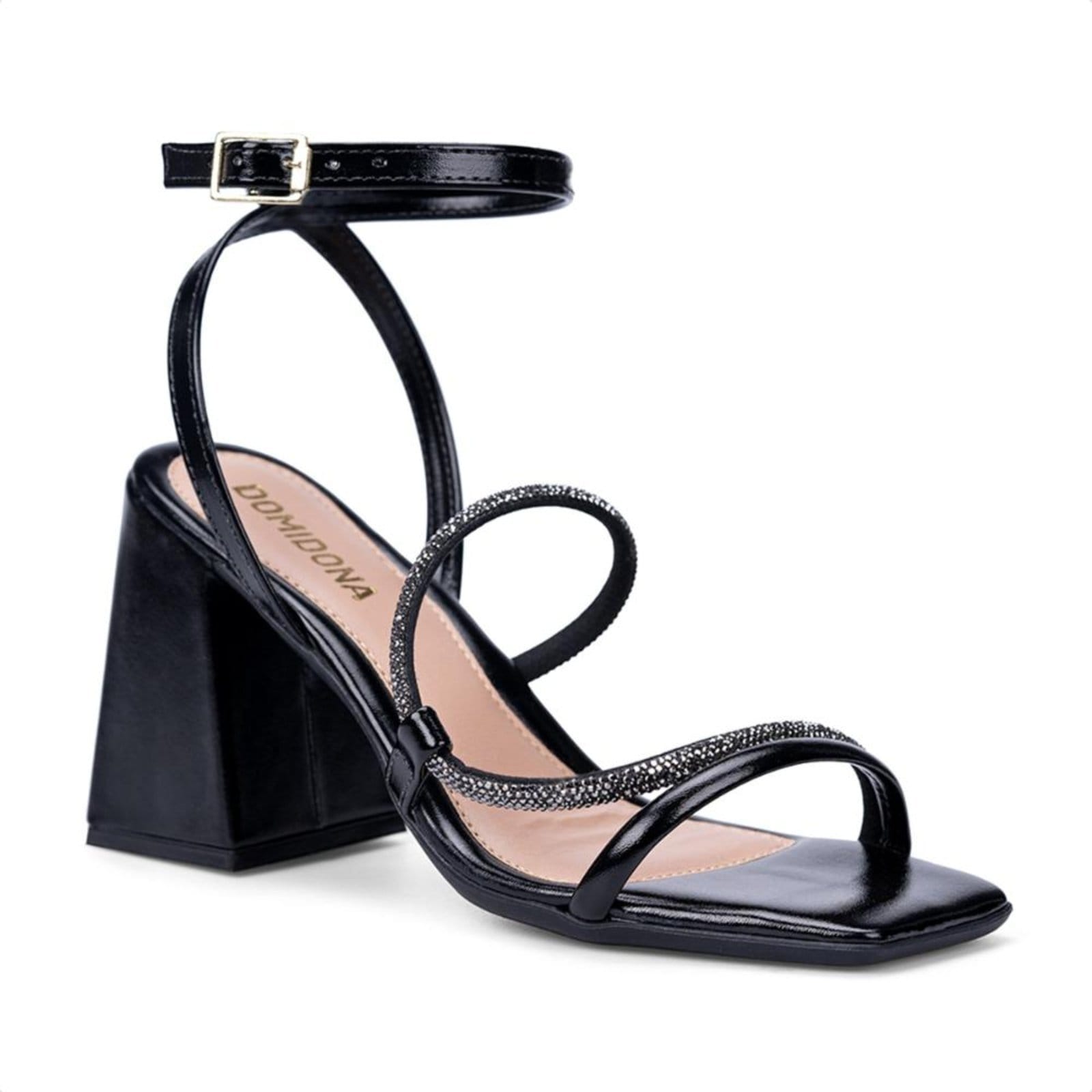 Sandália Preta Salto Grosso Bloco Tiras Duplas De Strass Tornozelo Fivela