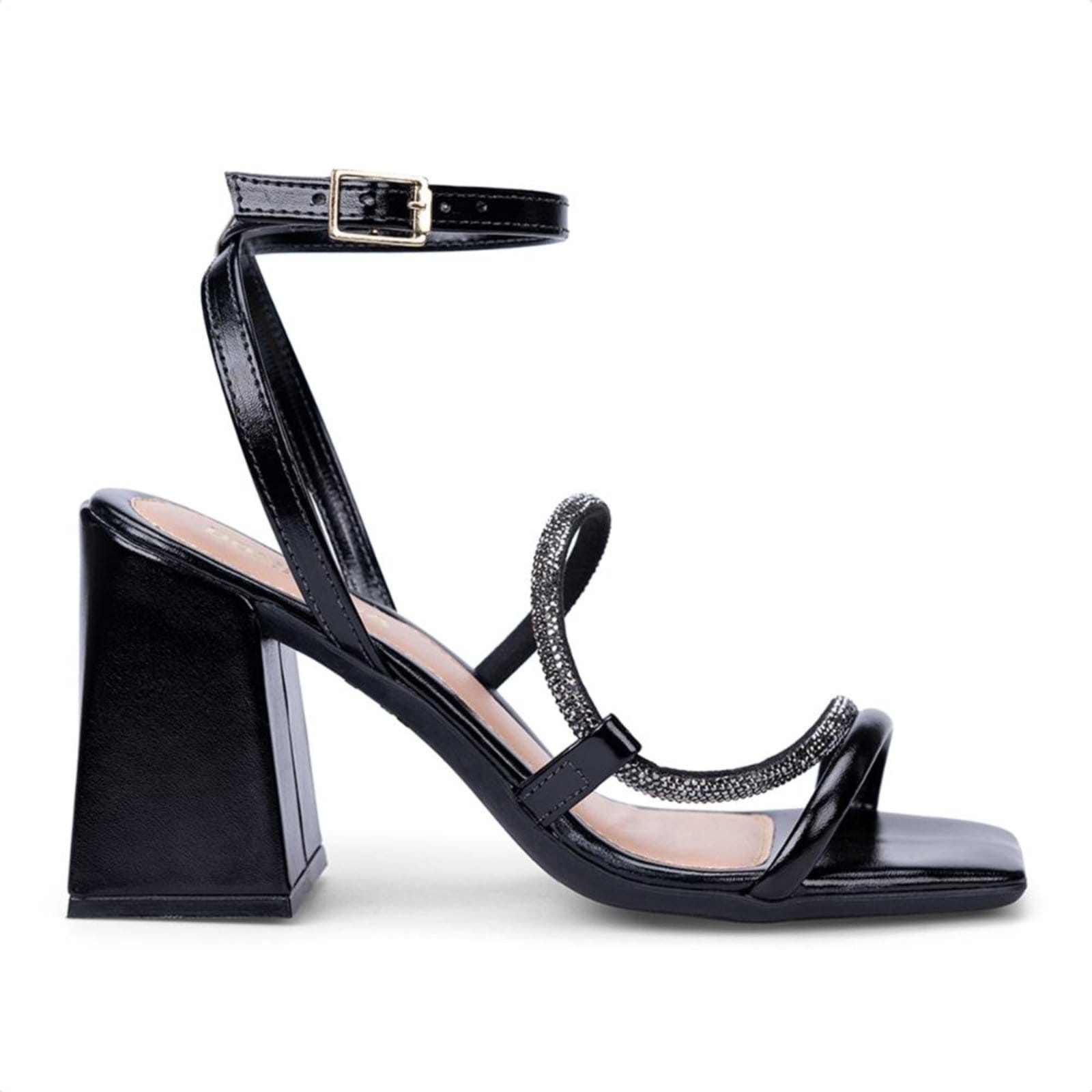 Vista 2 Sandália Preta Salto Grosso Bloco Tiras Duplas De Strass Tornozelo Fivela Domidona preto