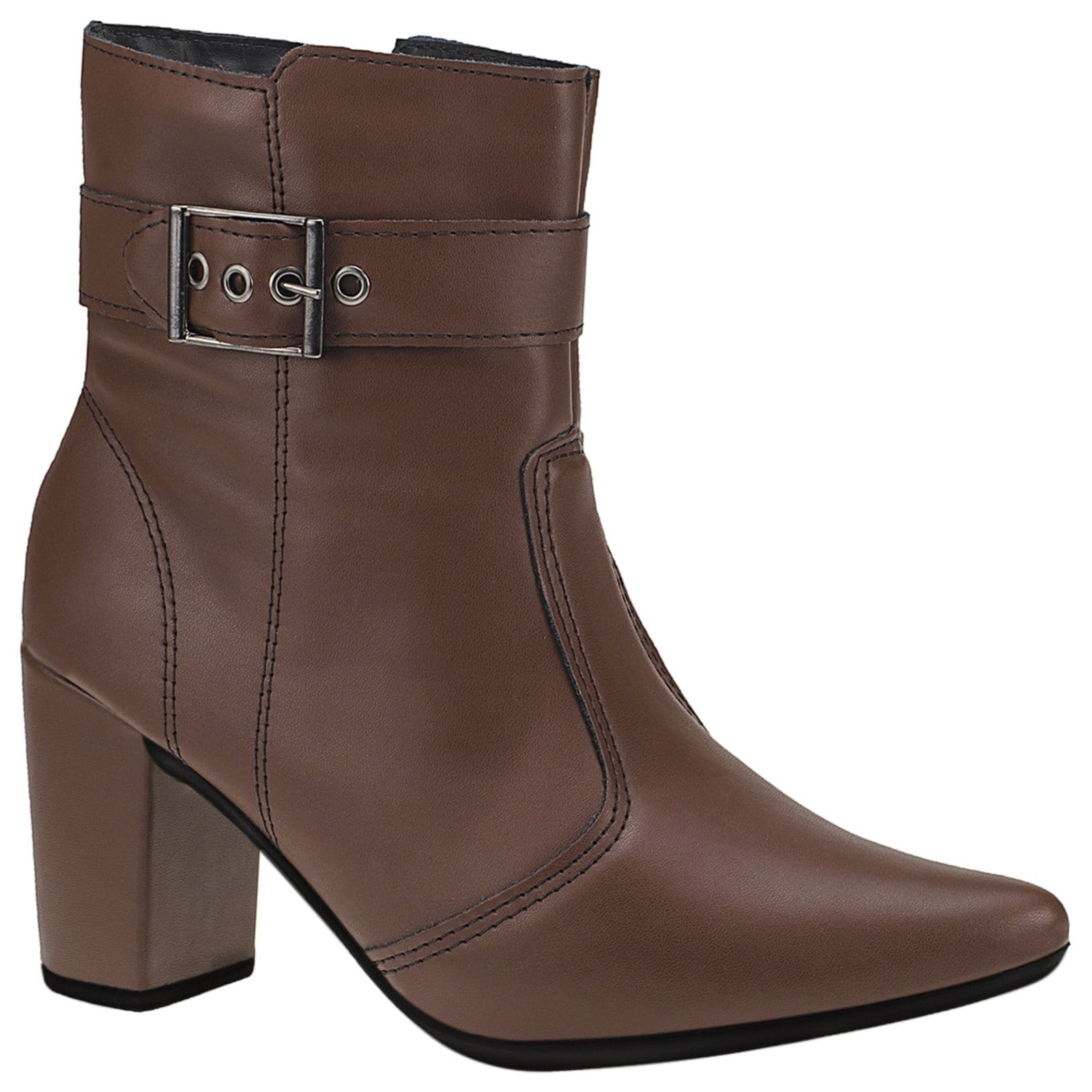Vista 2 Bota Feminina Lóris Shoes com Zíper Bico Fino Lateral Cano Curto Salto com Acessório Fivela 205 LÓRIS SHOES café