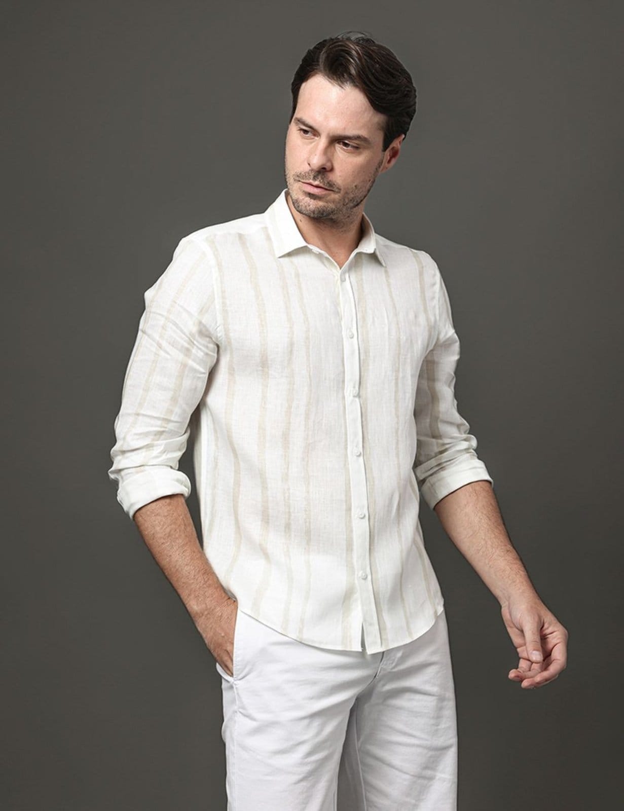 Vista 2 Camisa Masculina Linen Listras Calvin Klein Calvin Klein Jeans branco
