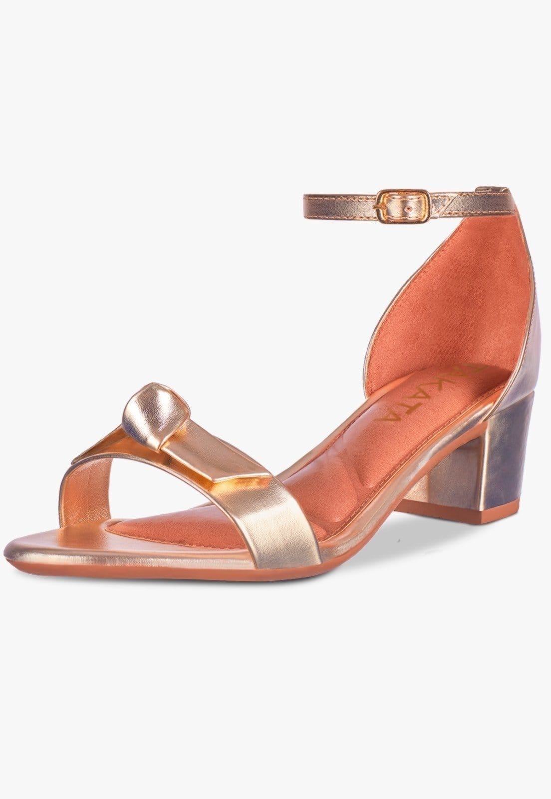 Sandália Feminina Salto Quadrado Bloco Baixo Laço Nó Metalizado Ouro ligth