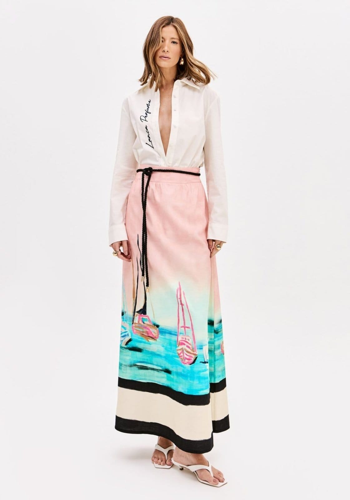 Vista principal Saia Super Midi Evasê Estampada Lança Perfume rosa