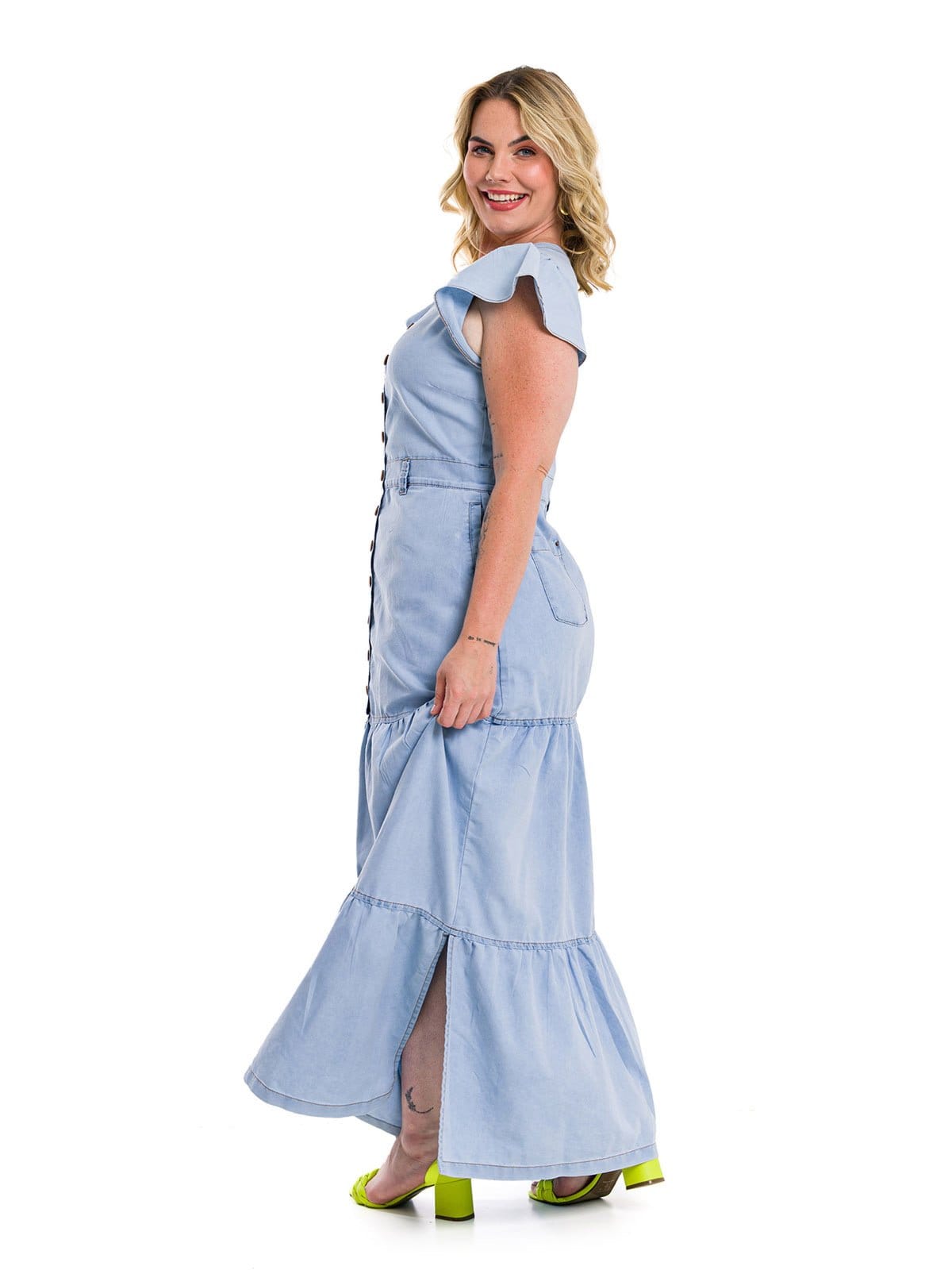 Vista 2 Vestido Longo Restrito Jeans com Mangas e Botões CLARO Restrito Jeans azul