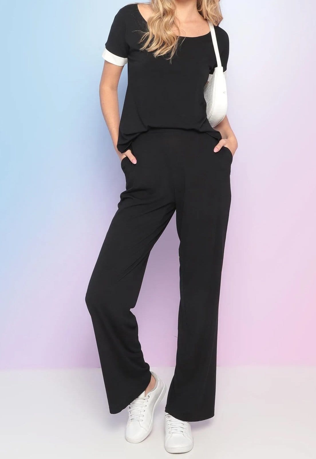 Conjunto Viscolycra Maria Paes Calça e Blusa Preto com Detalhe Off white