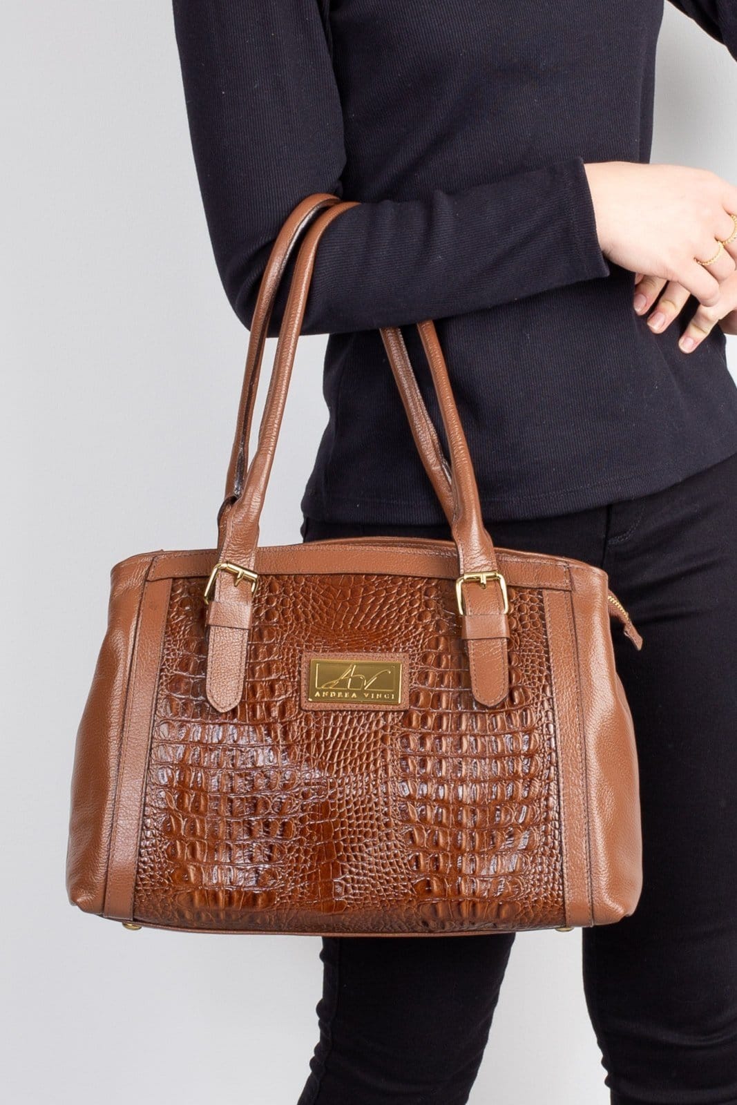 Bolsa de ombro em couro croco Sônia - Whisky