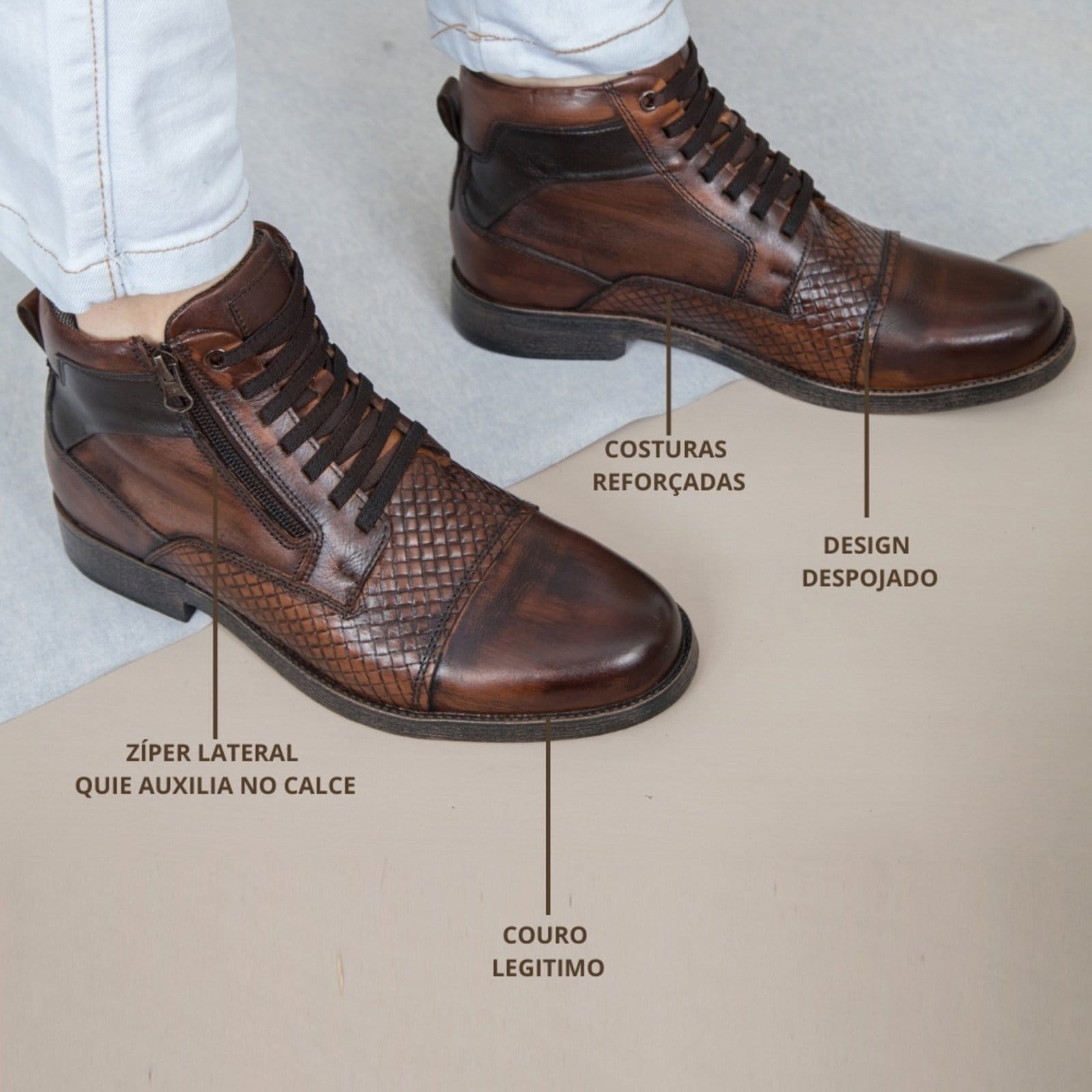 Vista 2 Bota Masculina Couro Legítimo Coturno Macio Leve Resistente Whisky super shoes marrom