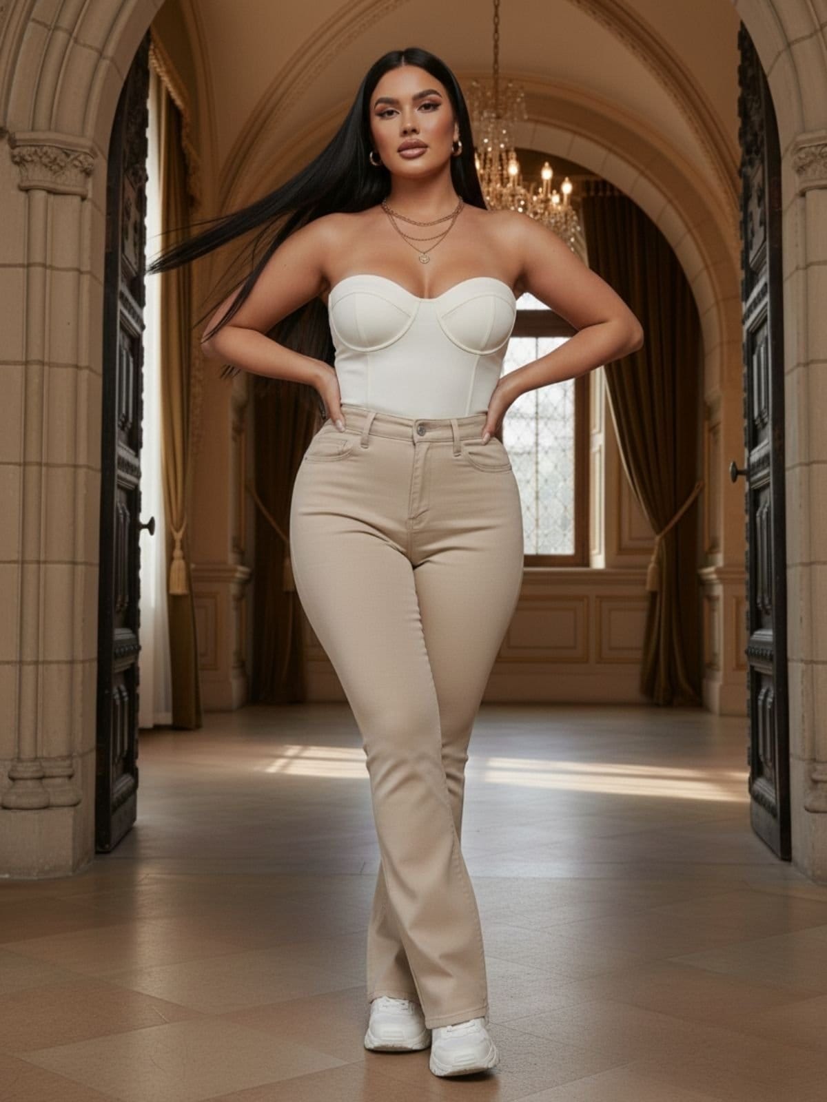 Vista 2 Calça Flare Tex Jeans Bootcut Sarja Acetinada com Elastano TEX JEANS bege