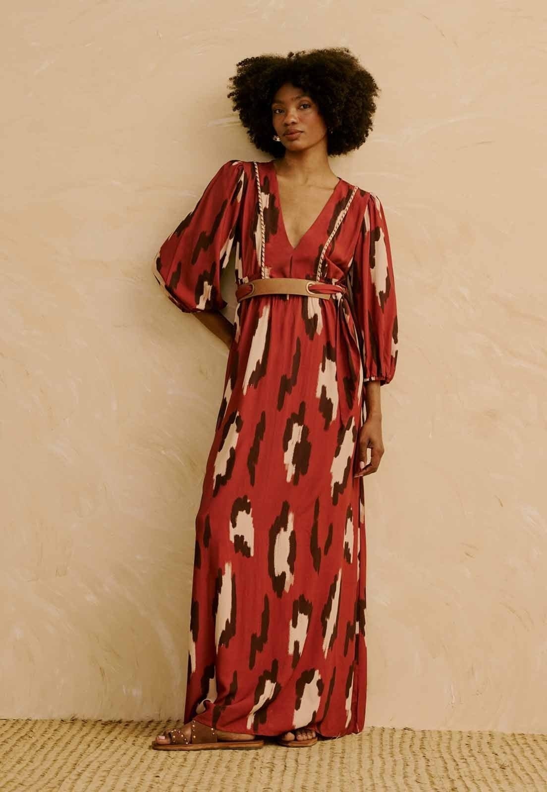 Vestido Maxi Midi Detalhe Vivo Estampado Chimu