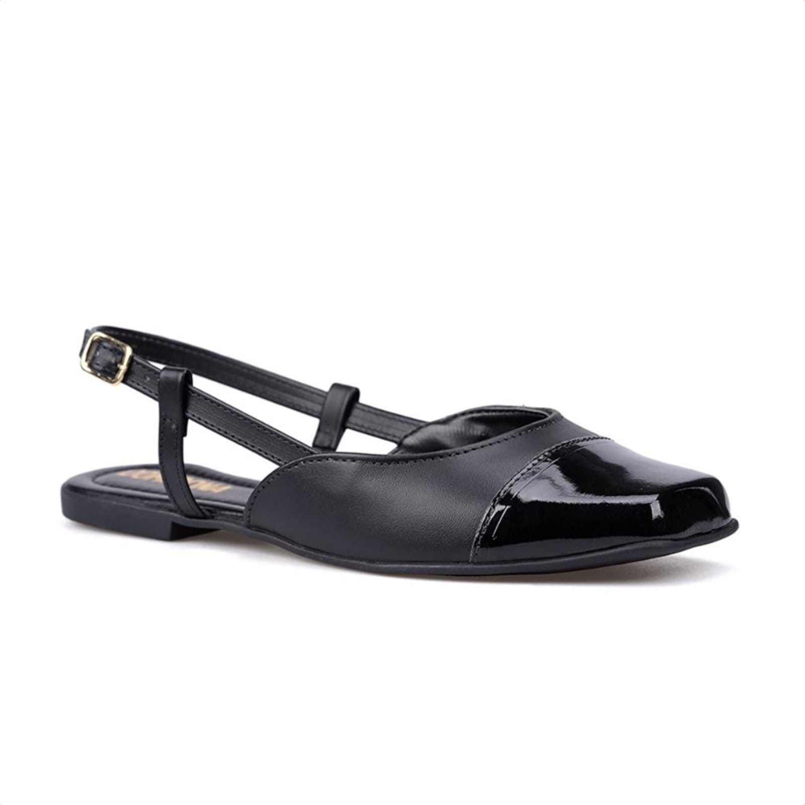 Sapatilha Feminina Domidona Cap Toe Slingback Bico Quadrado Preta