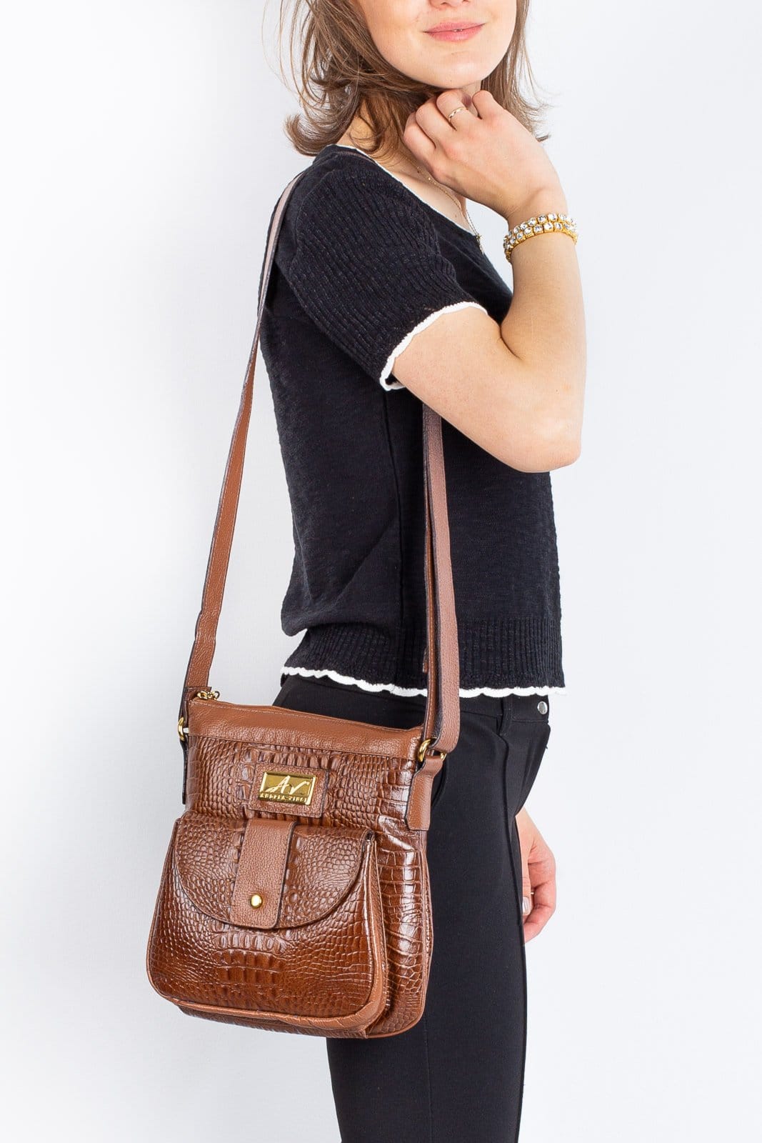 Vista 2 Bolsa tiracolo de couro croco Elis - Whisky Andrea Vinci bege