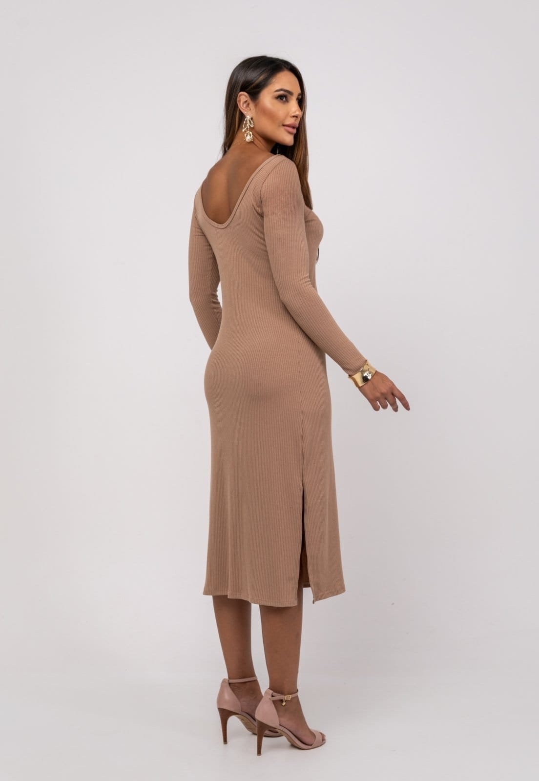 Vista 2 Vestido Midi L Decote Canoa Canelado Salvatore Salvatore Fashion bege