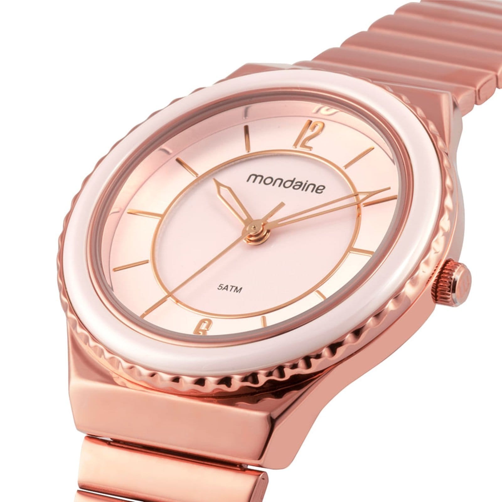 Vista 2 Relógio Feminino Caixa Media Catraca em Ceramica Rose Mondaine rosa rose