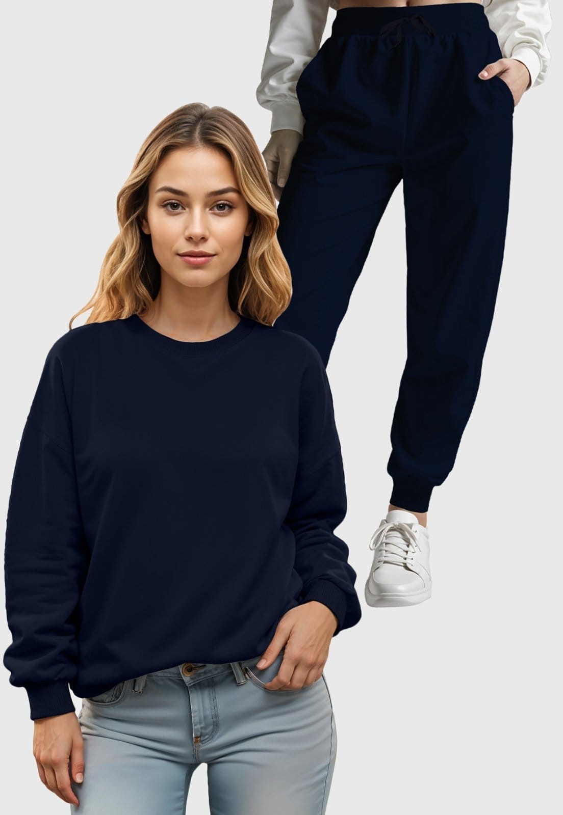 Conjunto Moletom Liso Gola Redonda e Calça Feminino Benellys Marinho