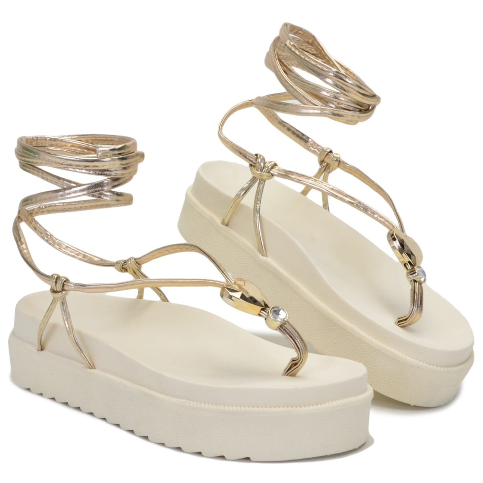 Vista 2 Sandalia Papete Tiras de Amarrar Plataforma Elegante Off White Dourada Nine4 dourado/nude/off-white white