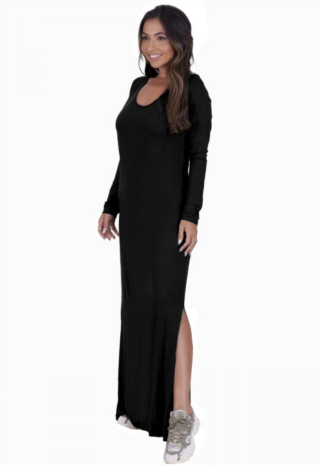 Vista 2 Vestido Visco Manga Longa com Fenda Lateral Toda Casual preto