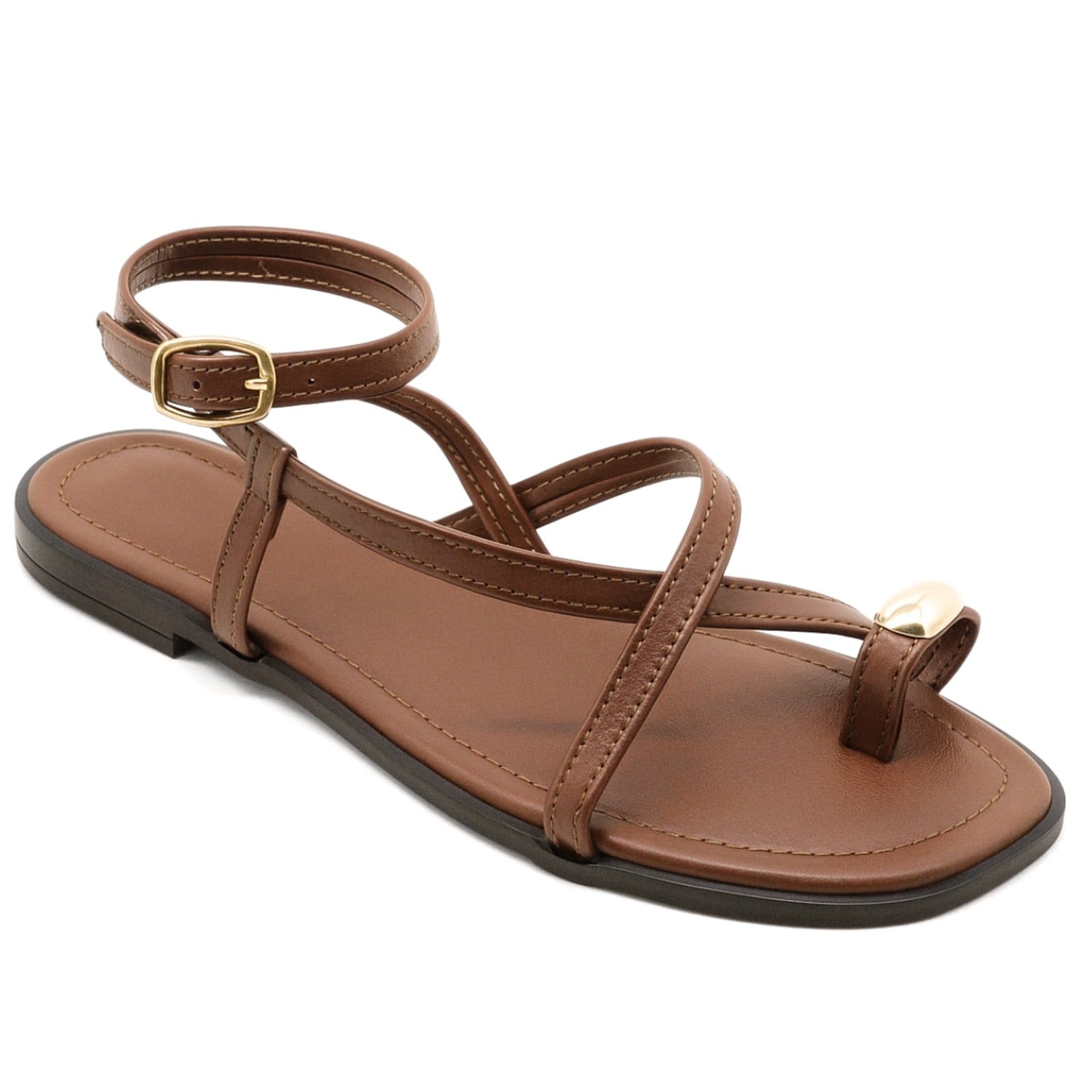 Sandália Rasteira Tiras Finas Cruzadas Detalhe Ring Toe Minimalista Chic Cacau 307