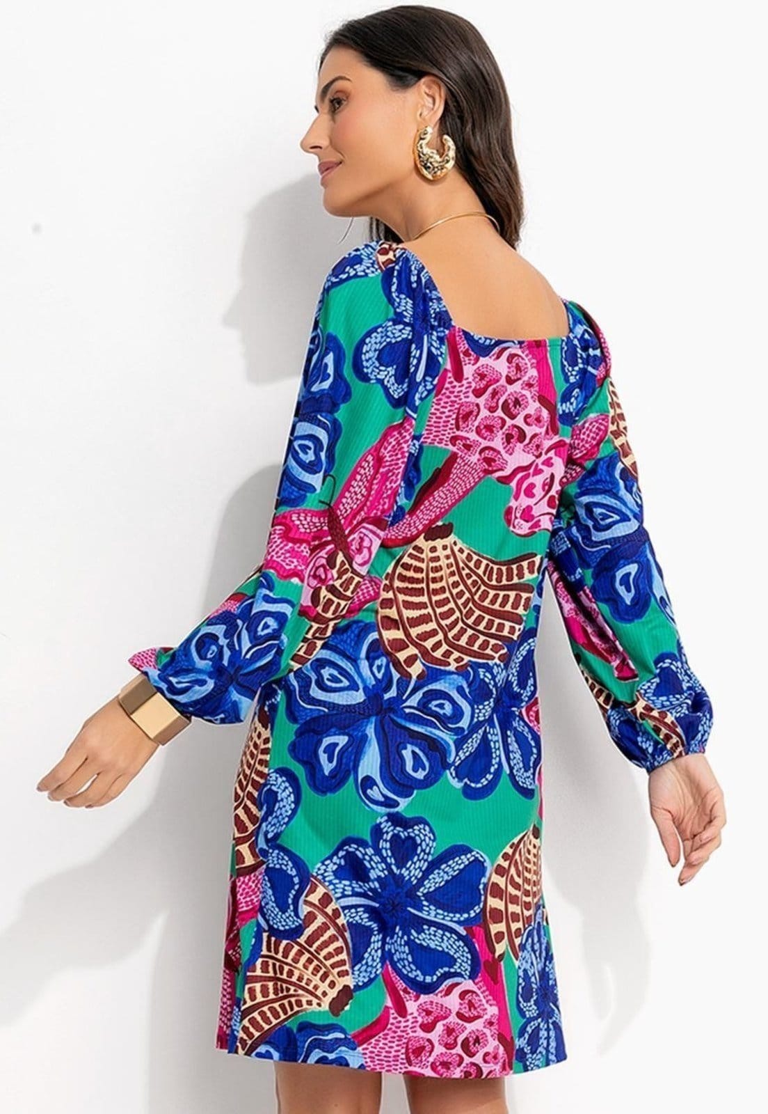 Vista 2 Vestido Em Malha Fria Tropical Borboleta Quintess verde