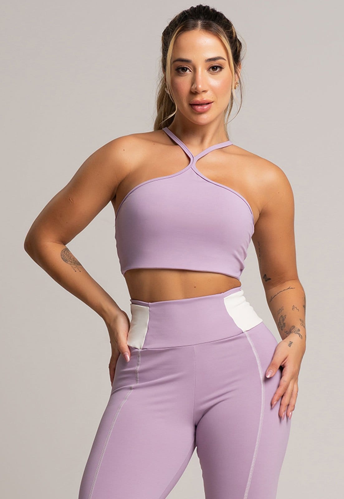 Vista 2 Top Cropped MVB Modas Fitness Duplo Alcinha Poliamida Lavanda Mvb Modas lilás lavanda