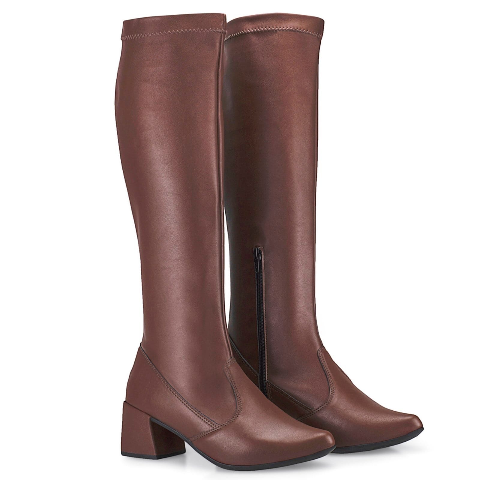 Vista 2 Bota Feminina Lóris Shoes Cano Longo com Stretch Salto Grosso e Bico Fino Moda Fashion 635 Café LÓRIS SHOES caramelo