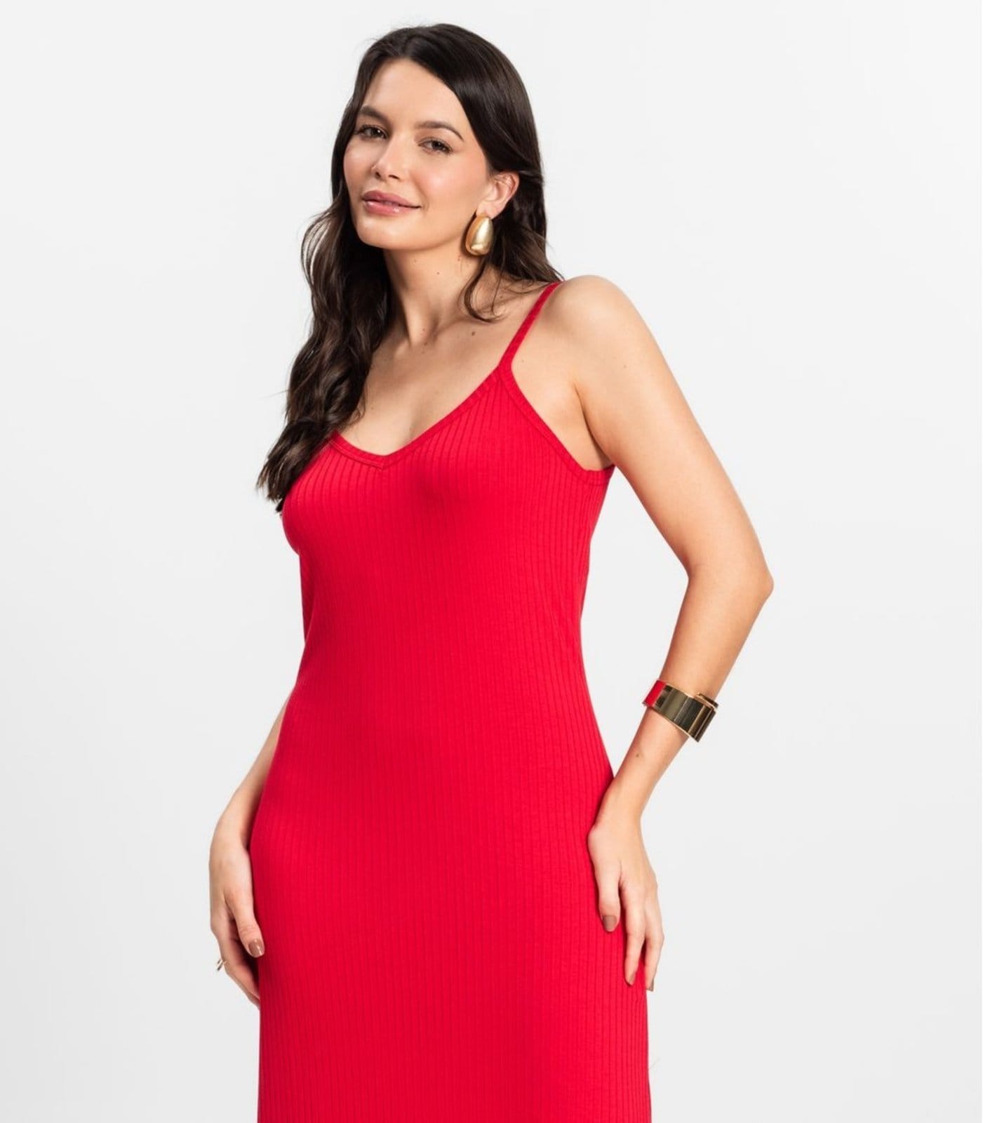 Vista 2 Vestido Midi em Ribana Canelada Rovitex Rovitex Básicos vermelho
