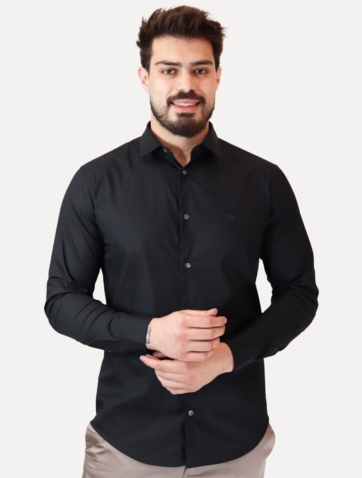 Camisa Empório Armani Masculina Stretch Embroidered Mono Logo Azul Escuro