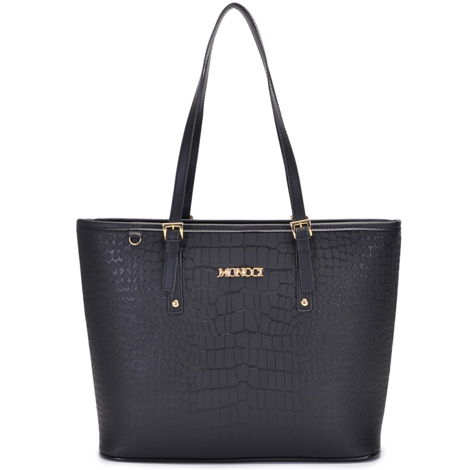 Bolsa Feminina Moncci Grande Ombro Forrada Fivela Roma Croco Preta