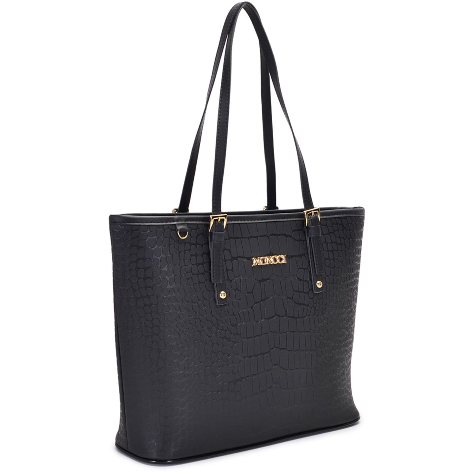 Vista 2 Bolsa Feminina Moncci Grande Ombro Forrada Fivela Roma Croco Preta MONCCI preto