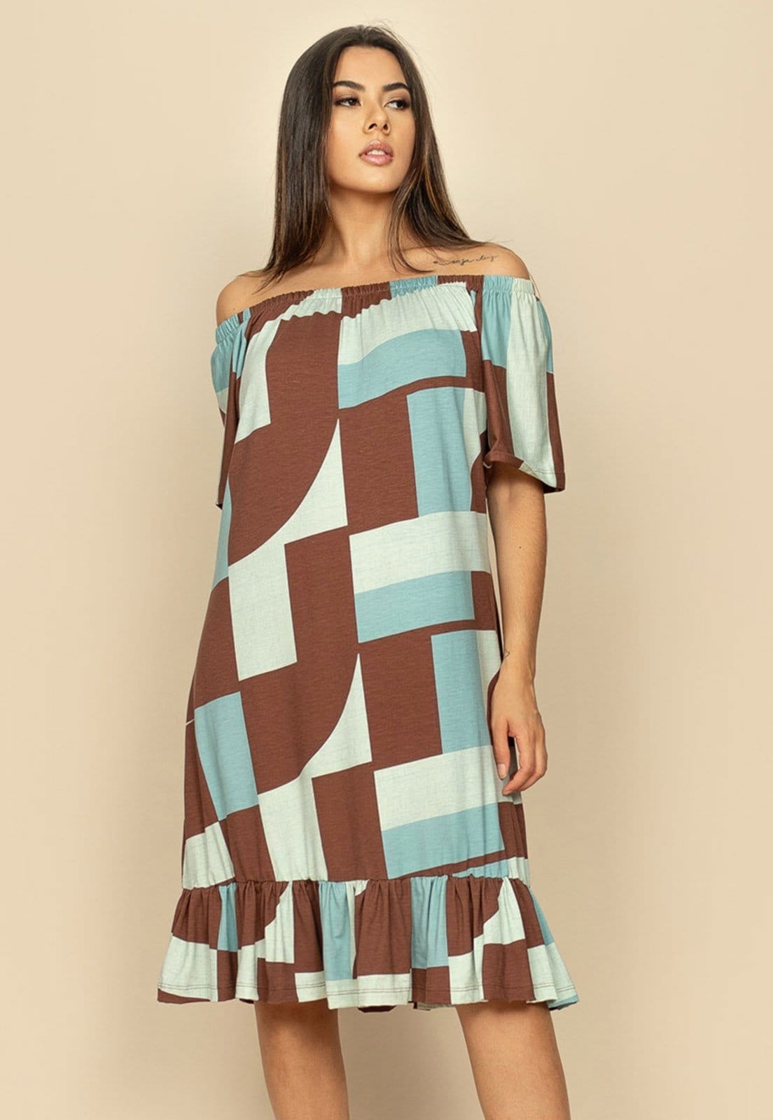 Vestido Curto Yanomami Malha Mullet Ombro a Ombro Amplo Estampa Santa do Tocantins