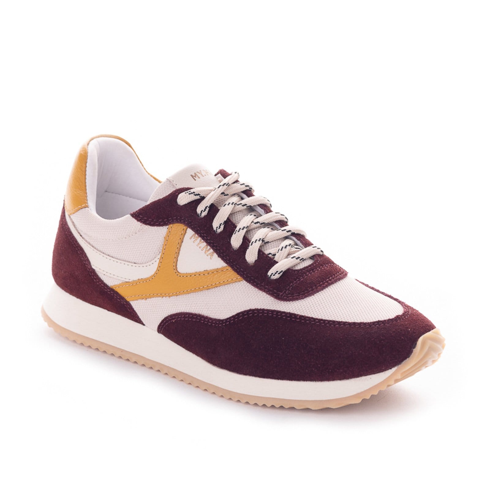 Tênis MY.NA Y9 Couro Legítimo Off White com detalhes em Bordô e Amarelo