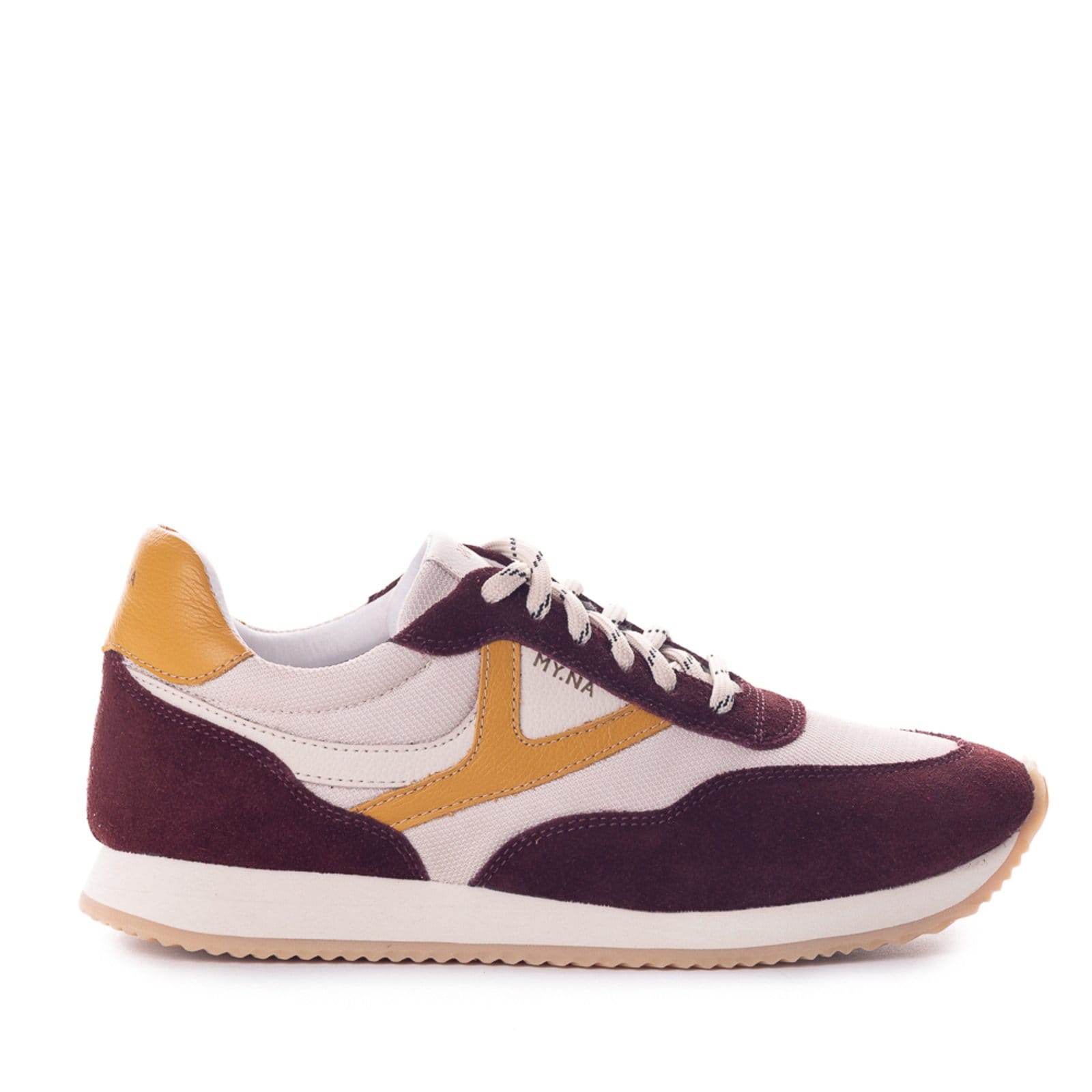 Vista 2 Tênis MY.NA Y9 Couro Legítimo Off White com detalhes em Bordô e Amarelo MY.NA off-white white